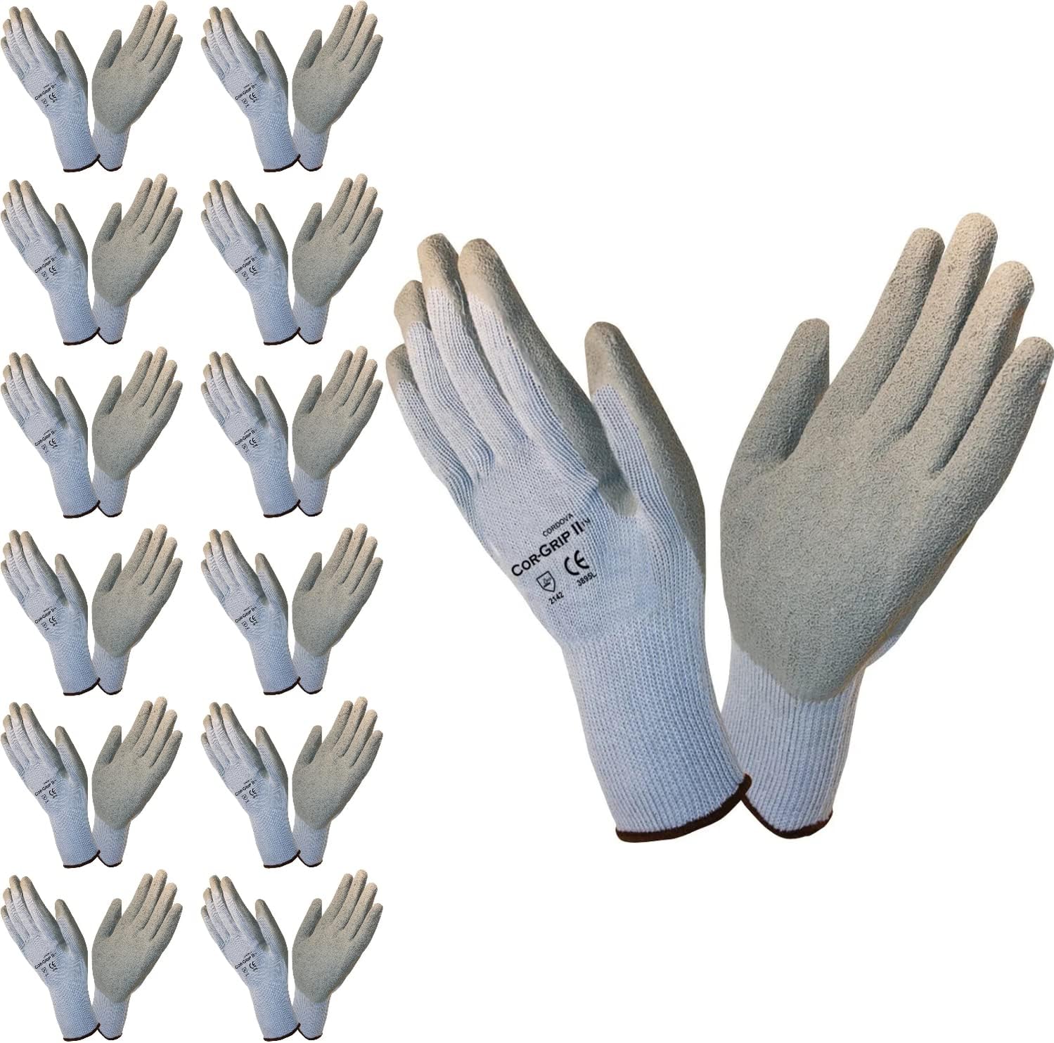 Cordova 3895L Cor-Grip II Gloves, 10-Gauge, Gray Poly/Cotton Shell, Gray Latex Palm Coating, Large, 12-Pack
