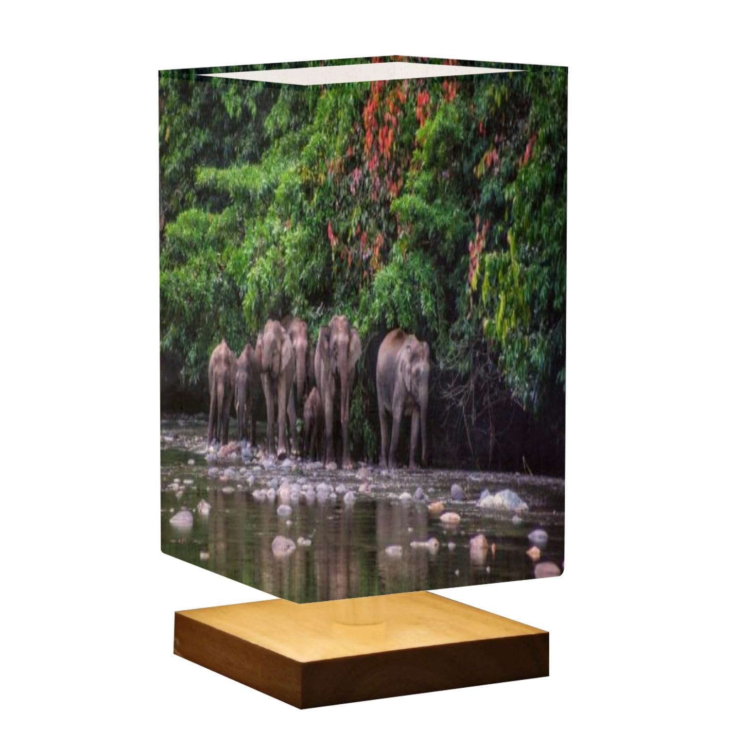 Minimalist Bedside Table Lamp Borneo Pygmy Elephant seen Danum Valley Borneo Dimmable Nightstand Lamp Square Wood Base Flaxen Fabric Shade Desk Lamp for Bedroom Living Room