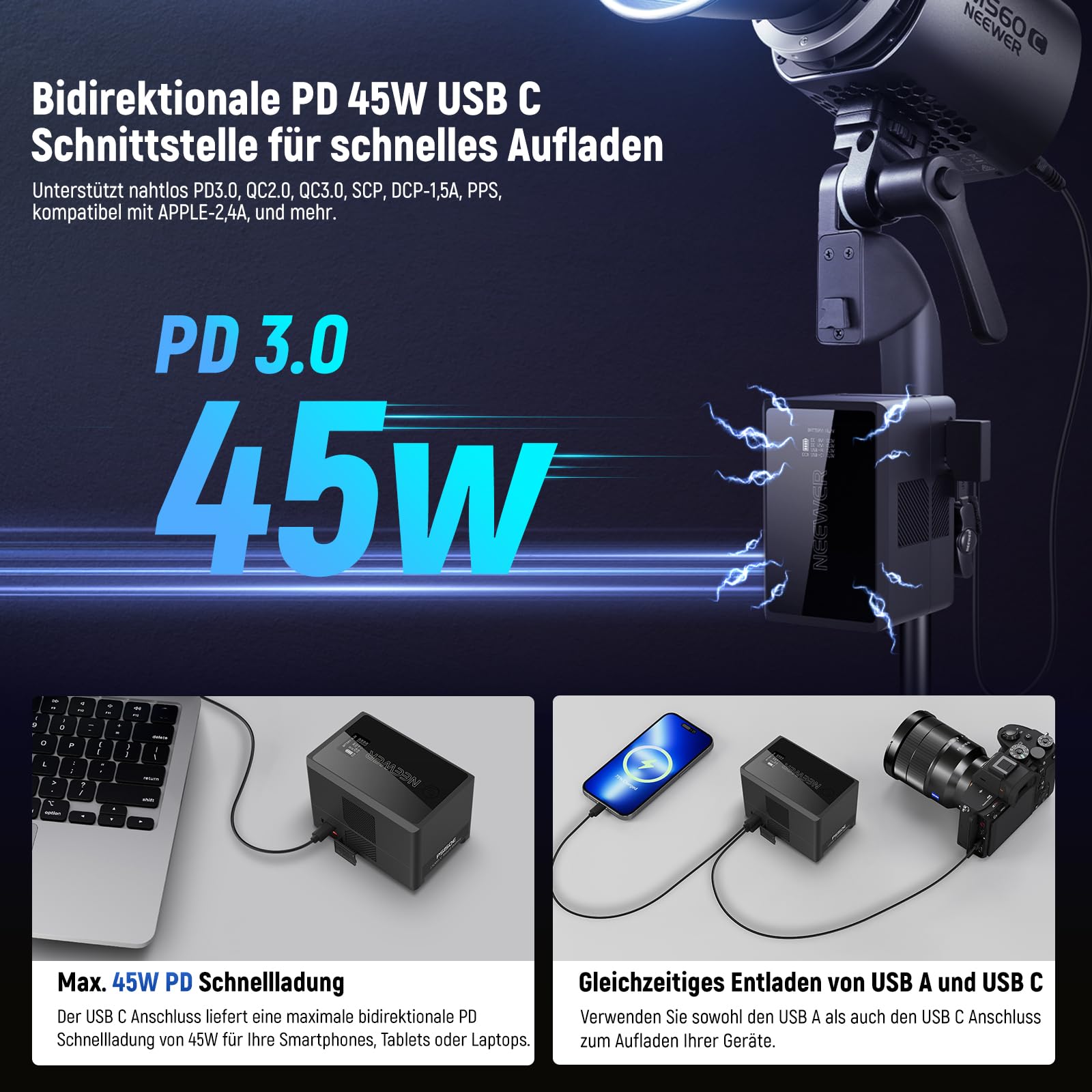 Neewer Mini V Mount Akku mit D Tap/USB C/USB A/BP/ 2 DC Anschlüssen OLED Bildschirm 3450mAh 50Wh 14 4.4" – Bild 2