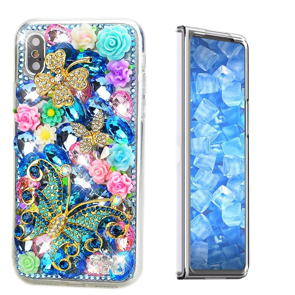 STENES Sparkle Case Compatible with Samsung Galaxy Z Fold 4 5G Case - Stylish - 3D Handmade Bling Flowers Butterfly Rose Flowers Rhinestone Crystal
