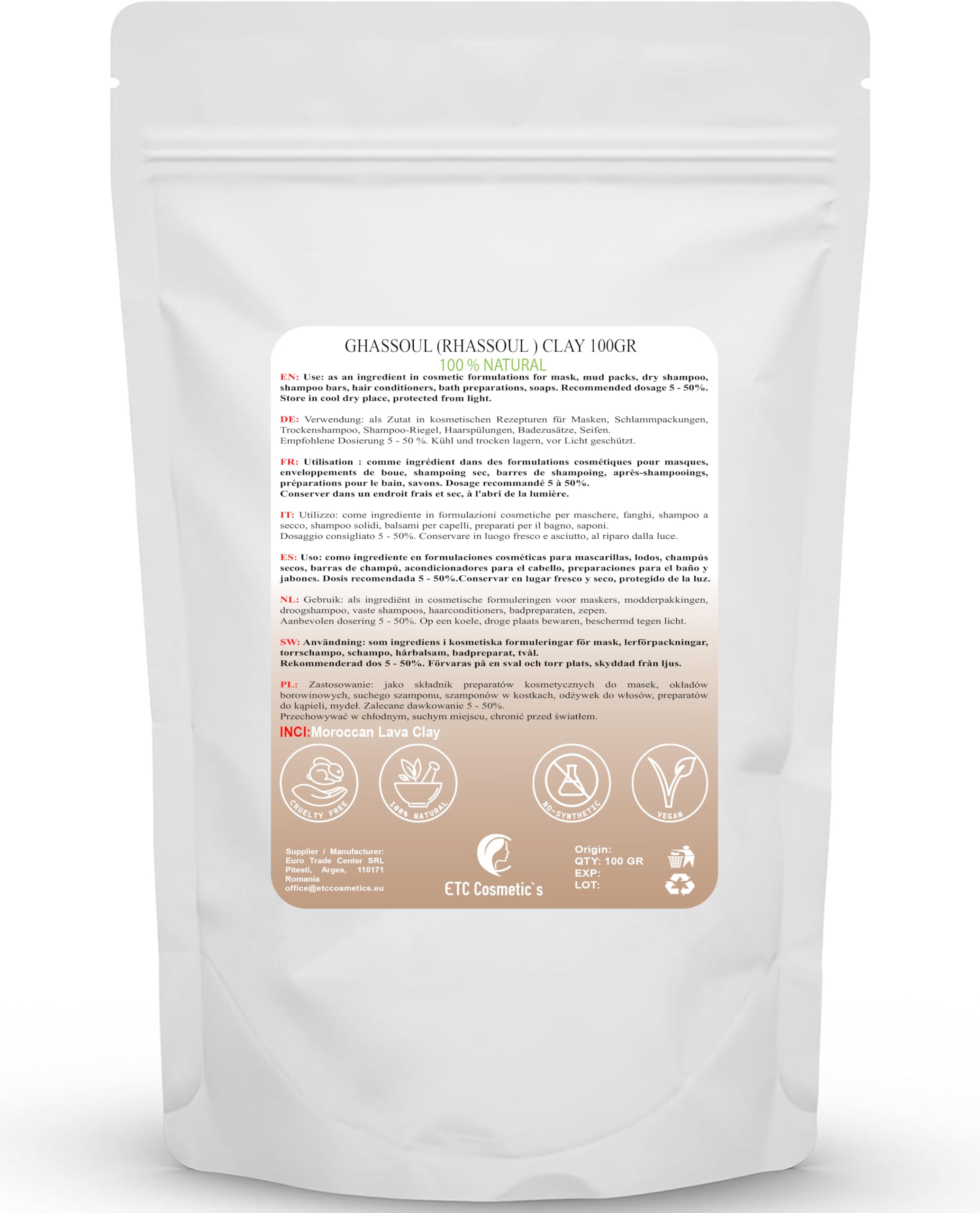 Ghassoul (argile Rhassoul) - 100 gr - Masques visage DIY, masque corporel, masque capillaire, peelings et gommages doux, fabrication de savons, anti-âge et raffermissement de la peau