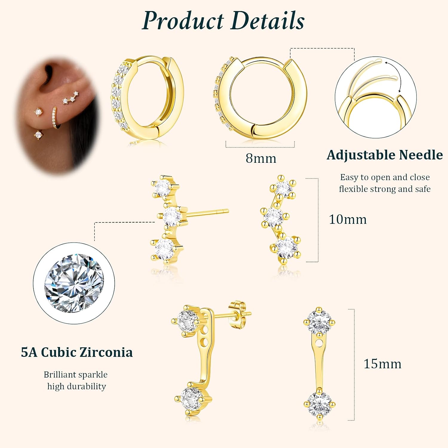 Poxtex Small Sterling Silver Huggie Hoop Earrings Set for Women, Hypoallergenic 14K Gold Plated Hoops Stacks for Multiple Piercings, Dainty Cute Mini Lightweight Cartilage Studs Trendy Jewelry Gift image 5
