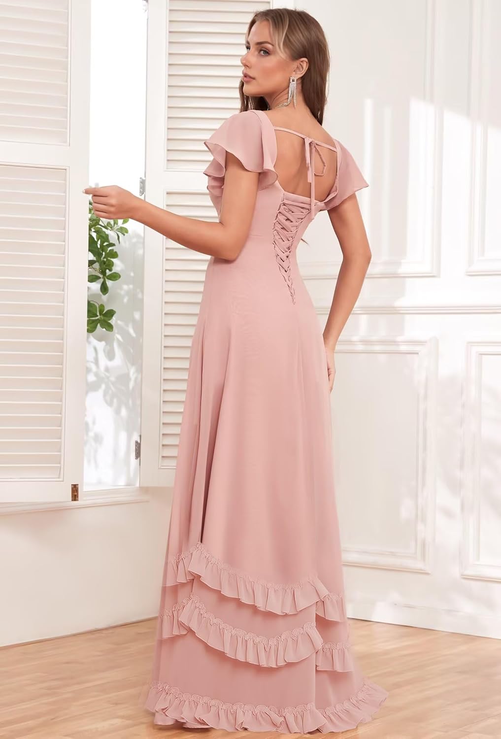 ALFEICE Chiffon Long Bridesmaid Dresses for Women with Sleeve A Line Tiered Ruffle Square Neck Formal Evening Gowns with Slit