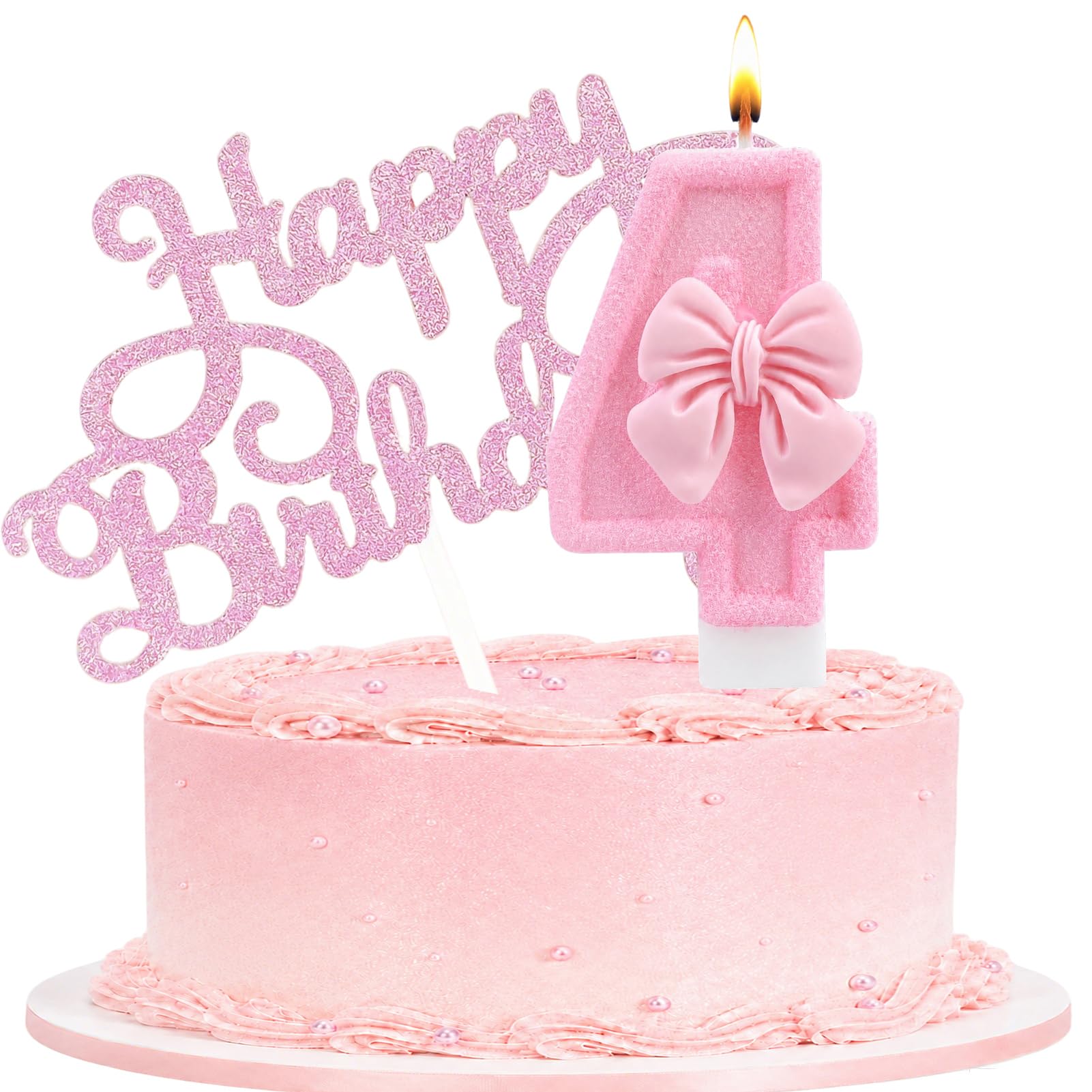 Number Birthday Candles with Pink Bow Cake Toppers, Glitter Happy Birthday Cake Decorations, Birthday Candles Gifts for Women Girls Birthday Party (Number 4)