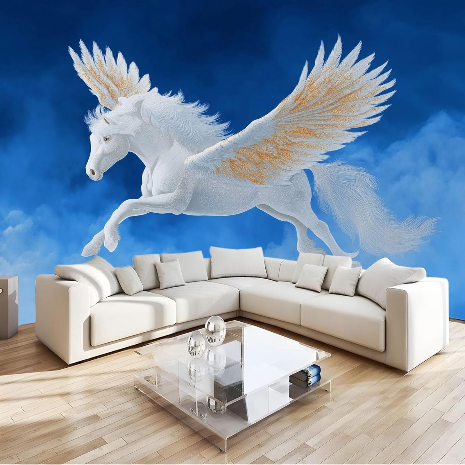 Fantasy photo wallpaper featuring angels, animals, and horses; non-woven wallpaper for living room and bedroom; art wallpaper; wall decoration; blue, 300cm x 210cm; stickers - frameless painting - pos