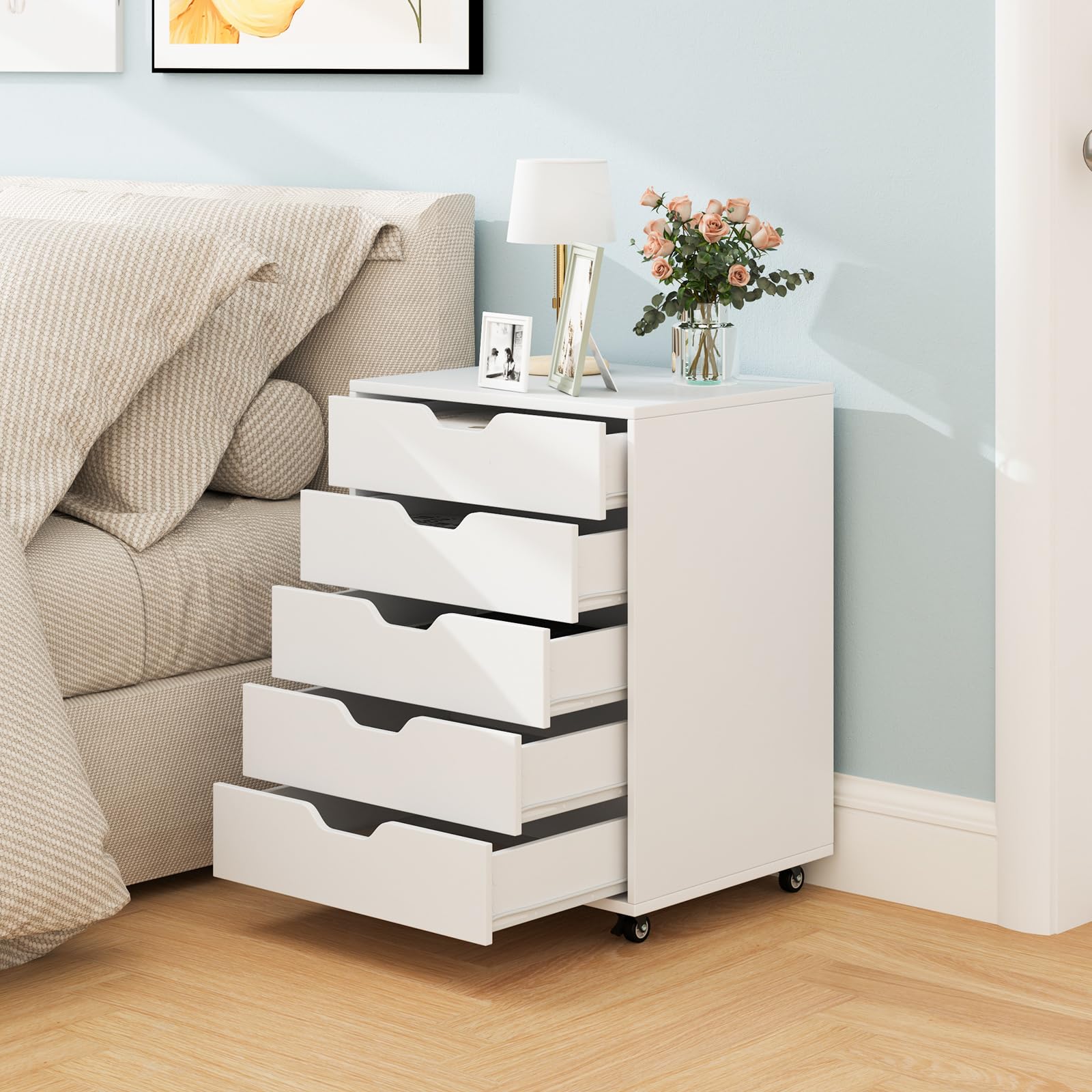 COSTWAY Rollcontainer mit 5 Schubladen, mobiler Aktenschrank mit Rädern, Bürocontainer Schubladenschrank Rollschrank Rollwagen, Schubladenkommode für Zuhause Büro (Weiß)