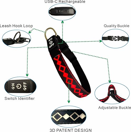 Miniatura 3 de Collar LED para perro, 15 modos de luz, USB-C recargable, silicona ajustable, varios colores (negro, M (11.8-15.7 pulgadas)
