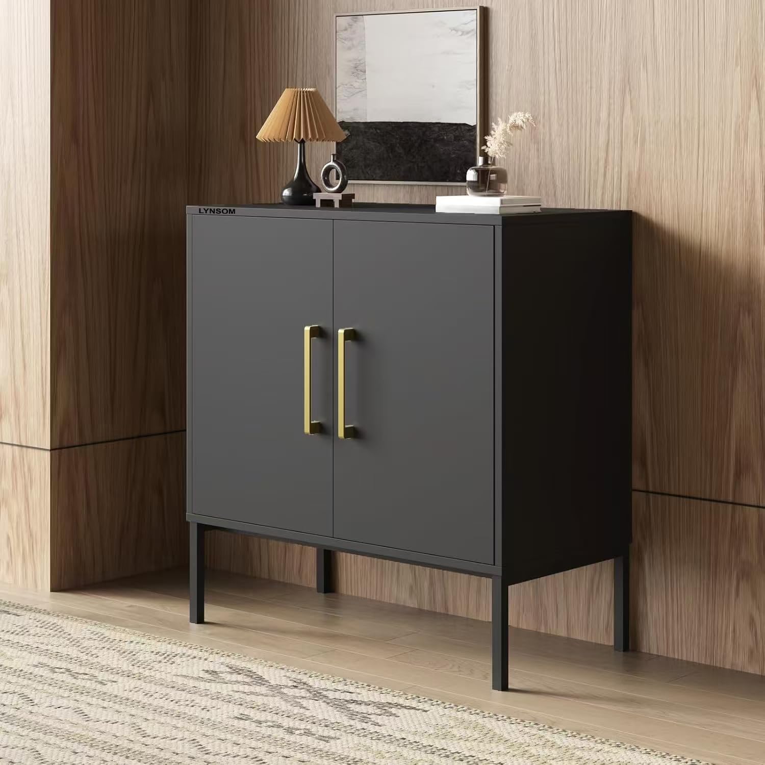 LYNSOM Storage Cabinet with Doors and Shelves, Free Standing Office Cabinet, Modern Wood Buffet Sideboard for Kitchen, Living Room, Bedroom, Hallway, Black