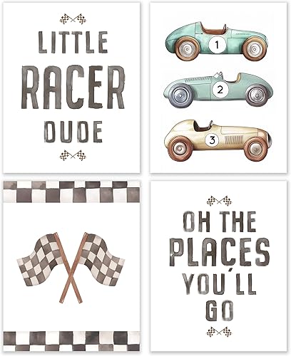 Miniatura 1 de BESERH Decoración de pared para habitación de niños, impresiones artísticas de pared de autos de carreras, carteles retro de bandera de carreras en