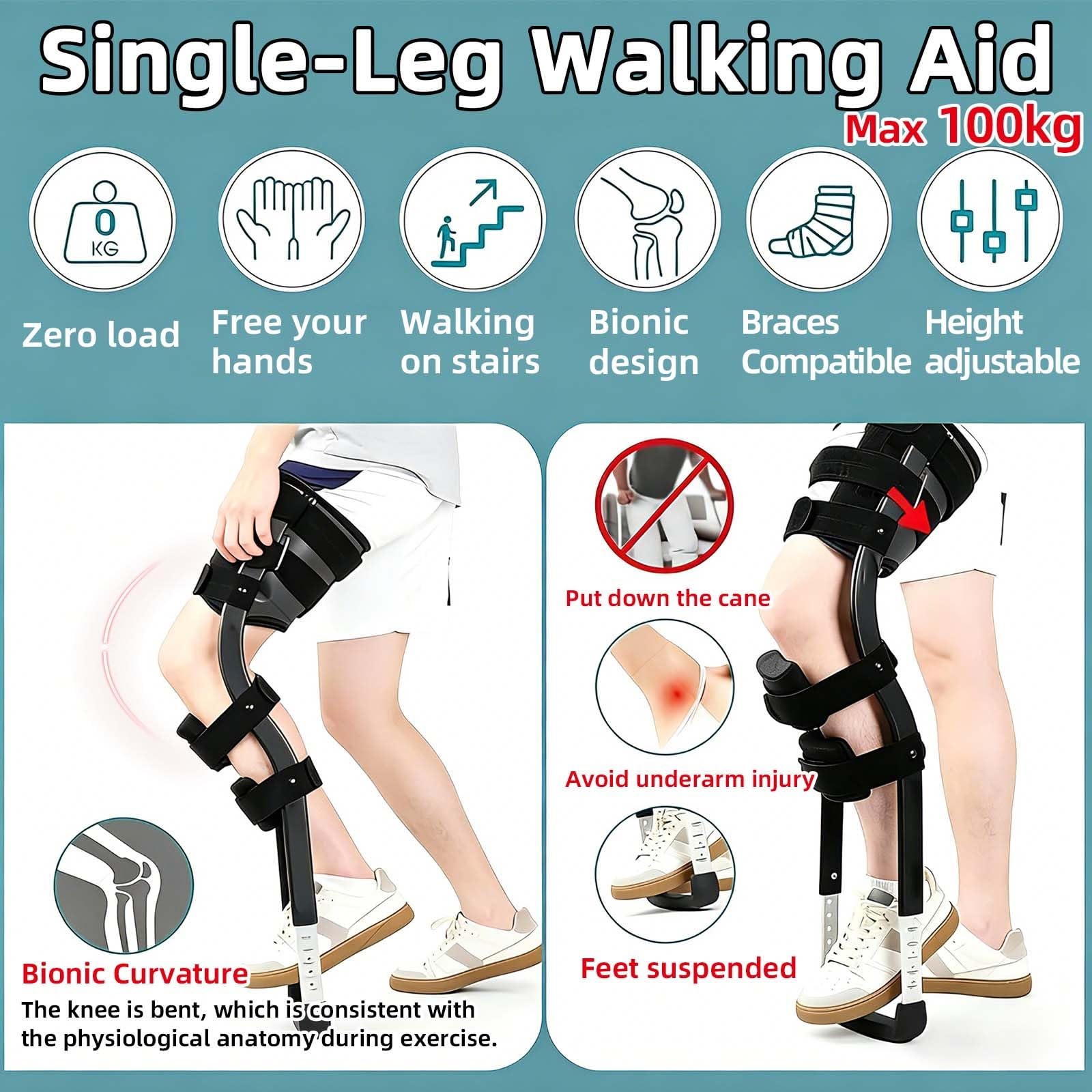 Stampella per ginocchia, design ergonomico a mani libere per il recupero della chirurgia del piede, supporto regolabile, in alluminio leggero, peso massimo 100 kg