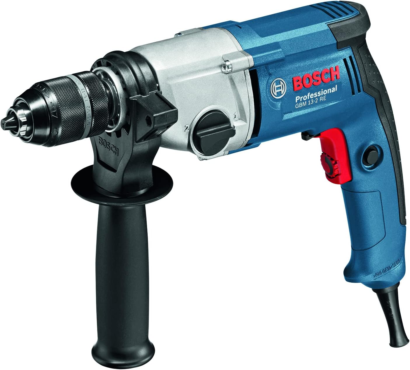 Bosch Professional 2-geared Rotary Drill GBM 13-2 RE (240 V, drilling of holes in steel of up to 13 mm, 2-speed gearbox, incl. chuck, depth stop, auxiliary handle)