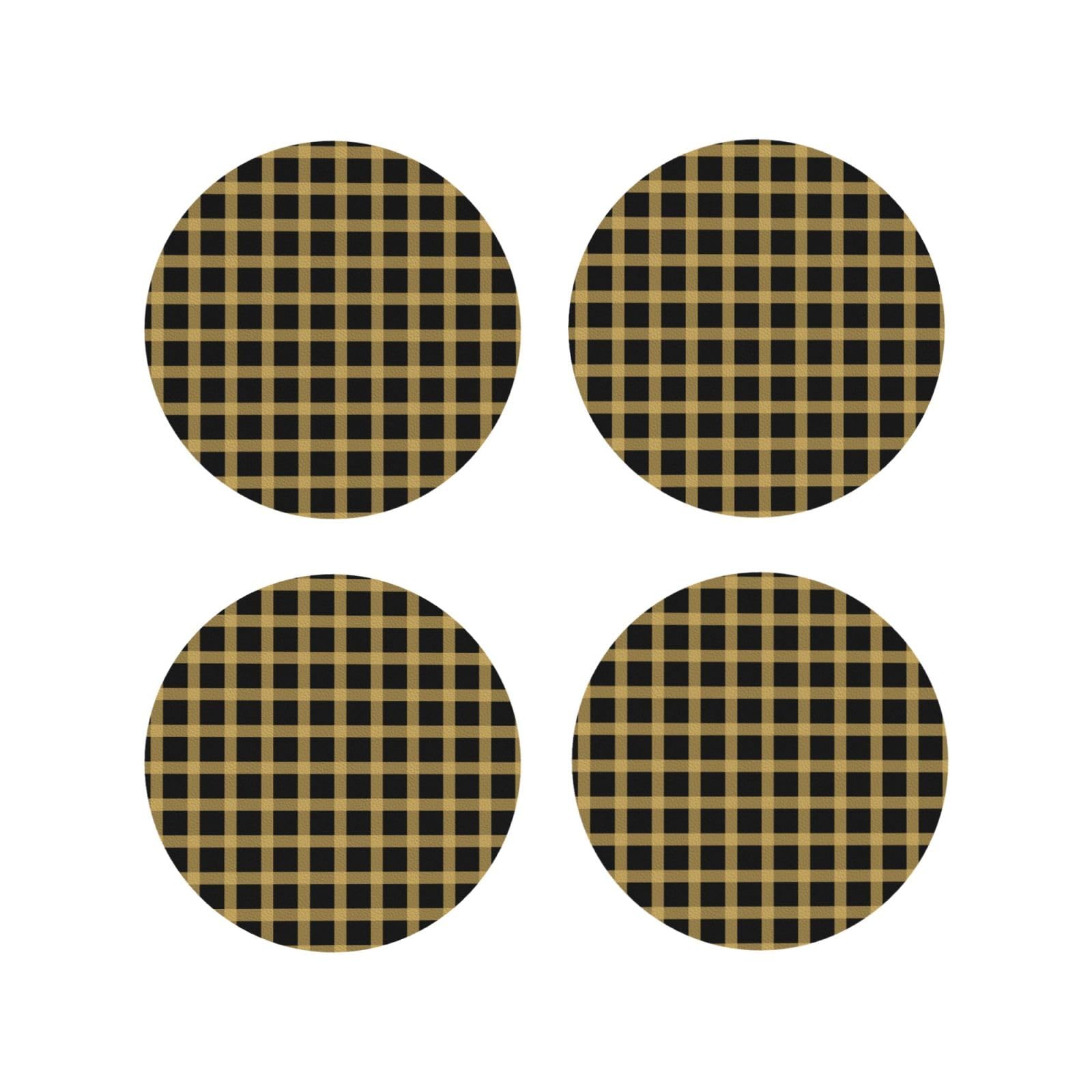 Smazdfxx Women's As Pic Leather Coasters Set Of 4 - Gold Grid Print Lightweight Drink Coasters For Desk