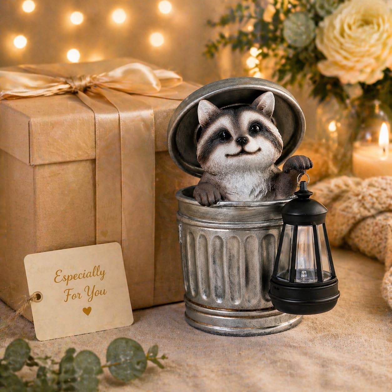 9" Solar Raccoon in Trash Can Garden Statue, Whimsical Outdoor Figurine with Solar Powered Lantern, Resin Racoon Sculpture for Patio, Yard, Lawn Decor & Unique Housewarming Gift (Grey)