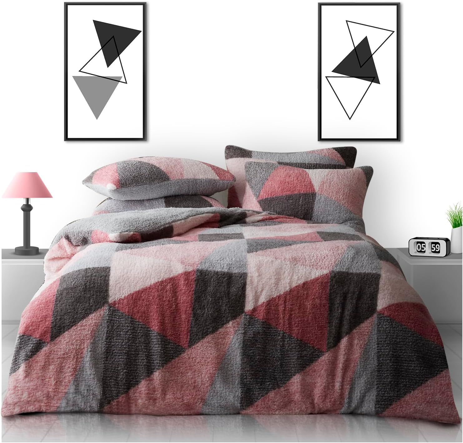 GC GAVENO CAVAILIA Teddy Duvet Cover Double - Fluffy Fleece Bedding Set - 100% Polyester Warm Cosy Duvet Cover Set - Blush Pink/Grey