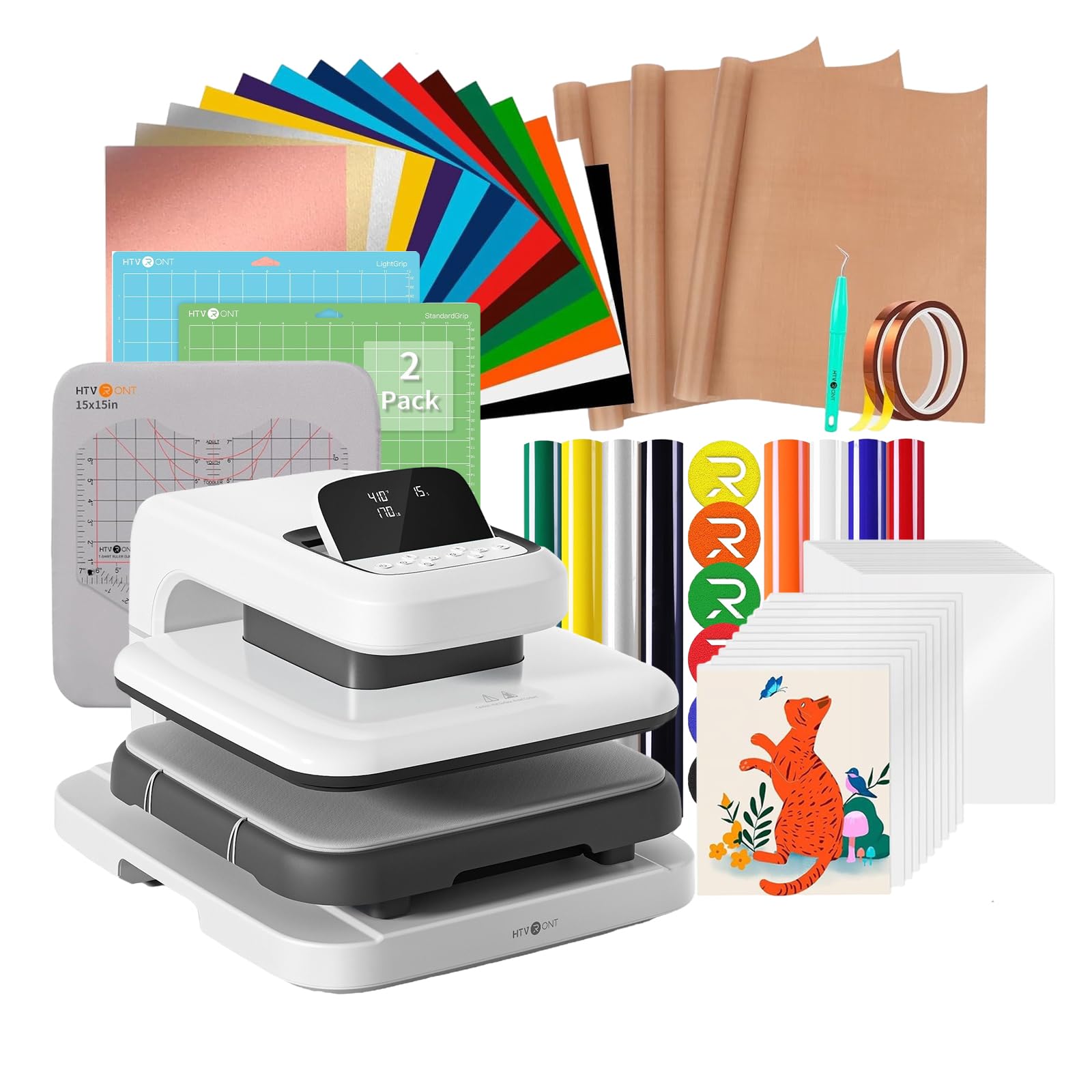Máquina de prensado térmico automático HTVRONT para camisetas, prensa de calor de 15 x 15 con presión ajustable, paquete de 55 accesorios, 2 tapetes de corte, 8 vinilos de transferencia de calor de hojaldre.