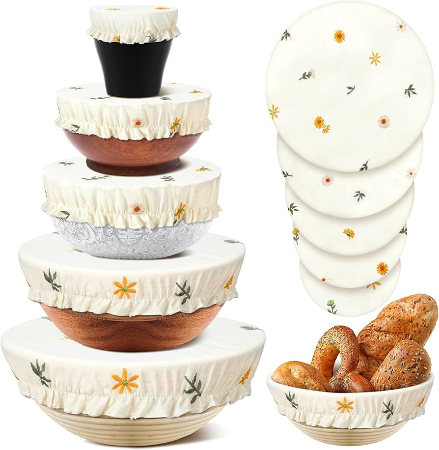 Patelai 10 Pcs Bowl Covers Reusable in 5 Size Stretch Cloth Fabric Bowl Covers Elastic Food Storage Covers Bread Sourdough Lids for Proofing Food Fruits Leftover(Embroidery Daisy)