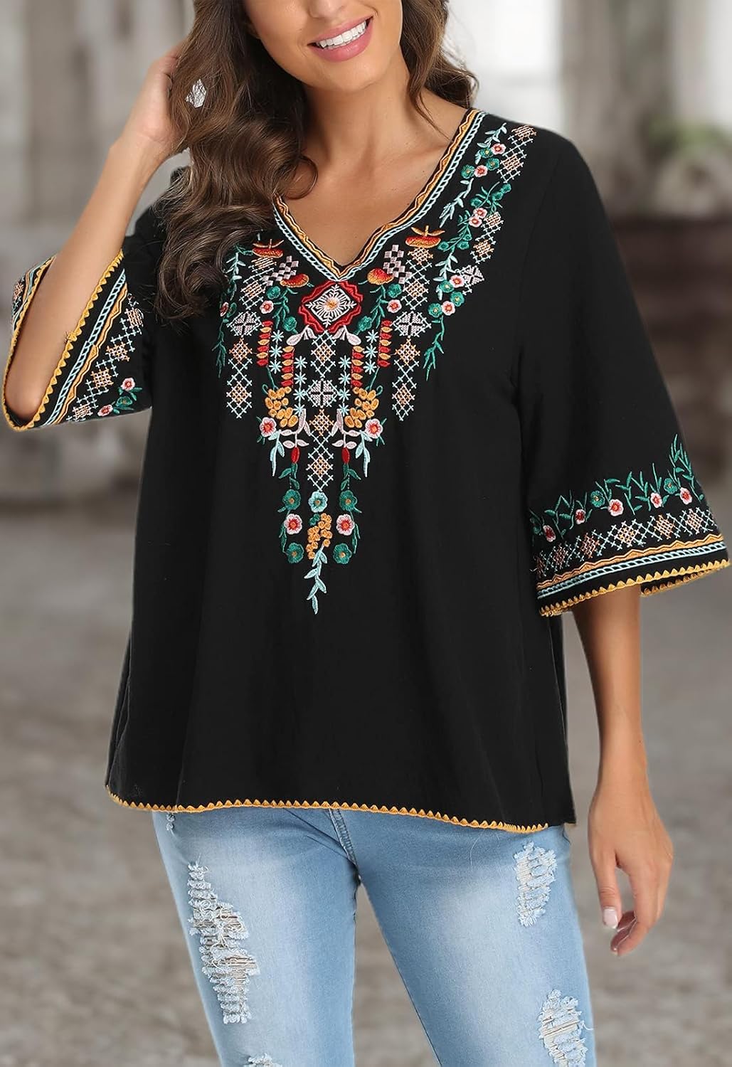 YZXDORWJ Women's V Neck Embroidered Mexican Peasant Blouse - Image 8
