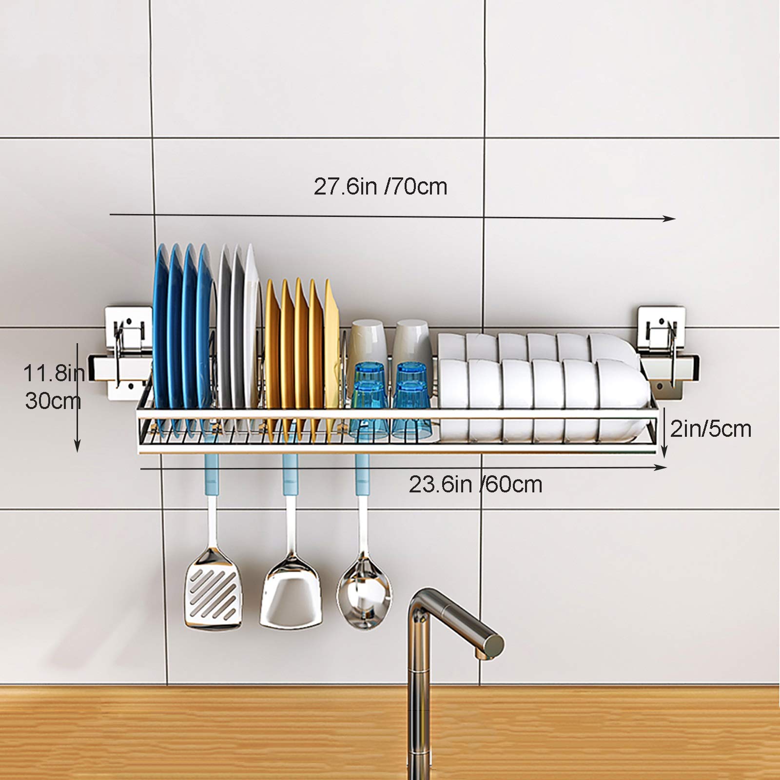 Escurreplatos de acero inoxidable para colgar sobre el fregadero con ganchos para utensilios de cocina, estante de almacenamiento para ahorrar espacio, color plateado, 27.6 pulgadas