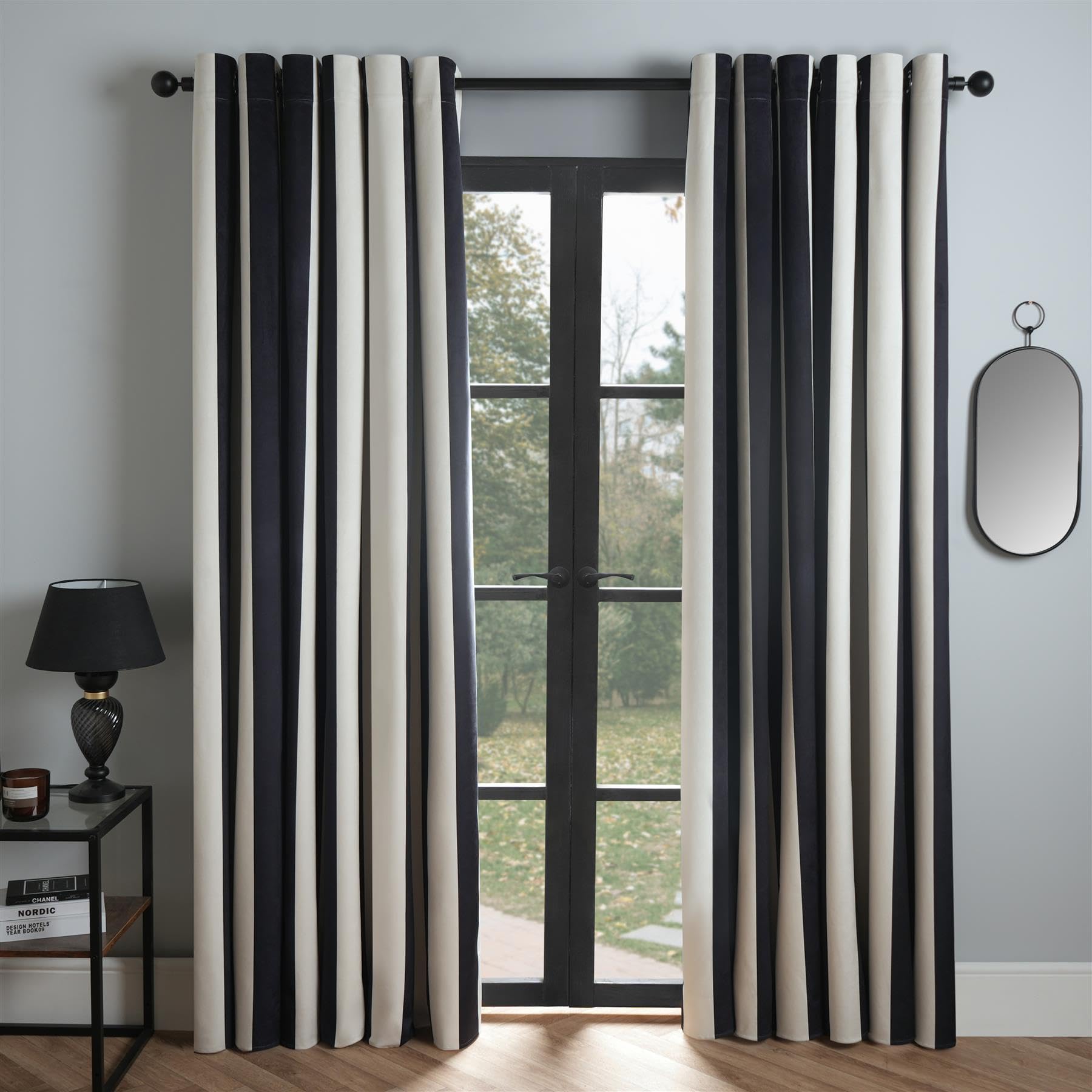Ohs Black/White 2 Panel Ultra Out Curtains Stripes Print Velvet, Bedroom Curtains Eyelet Ring Top Noise Reducing Thermal Insulated Curtain For Living Room, Monochrome-90X90