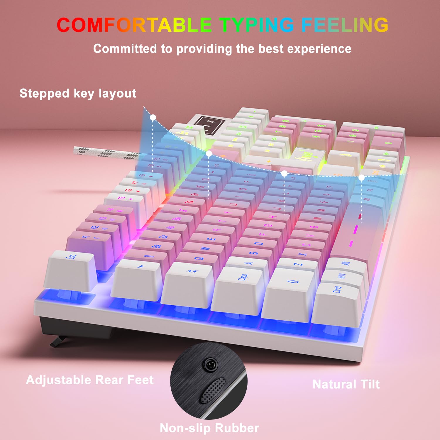 BlueFinger Tastiera da gioco RGB e mouse retroilluminato, con cavo USB, set da gioco a LED per laptop, PC, giochi e lavoro (bianco e rosa)