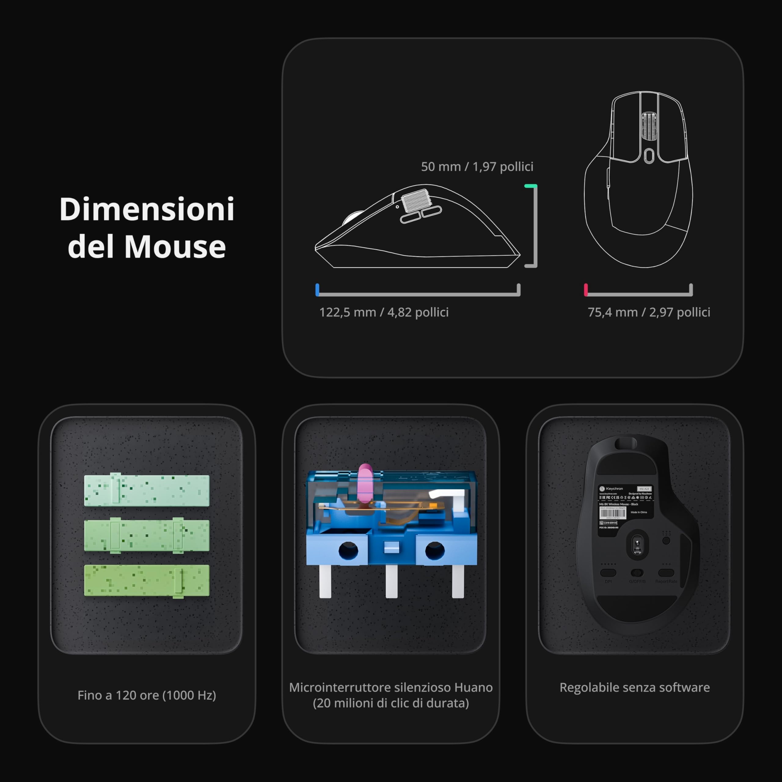 Keychron Mouse da gioco senza fili M6 8000 Hz 2,4 GHz e Bluetooth 5.3, sensore PixArt 3950, 30000 DPI, ruota in metallo, Huano Silent Micro Switch, programmabile con Launcher, per Windows, Mac e Linux