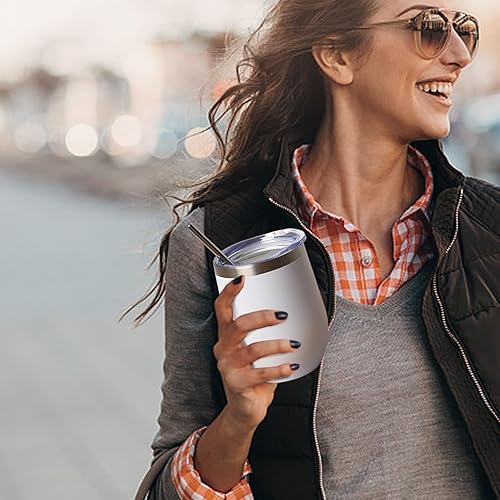 Miniatura 7 de Vaso de vino aislado de 12 oz con tapa y pajita, vaso de vino de acero inoxidable sin tallo de doble pared al vacío, vaso a granel para café,