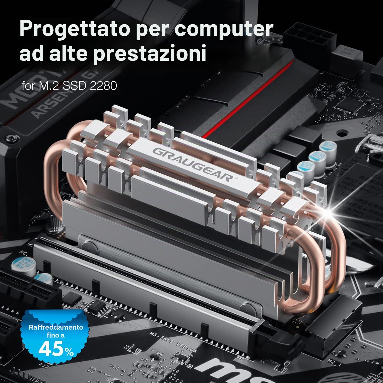 GRAUGEAR M.2 2280 NVMe SATA Dissipatore di calore SSD, Tubo di calore Direct Touch, doppio tubo di calore in rame, design a piastra-pinna in lega di alluminio, altezza 3,4 cm