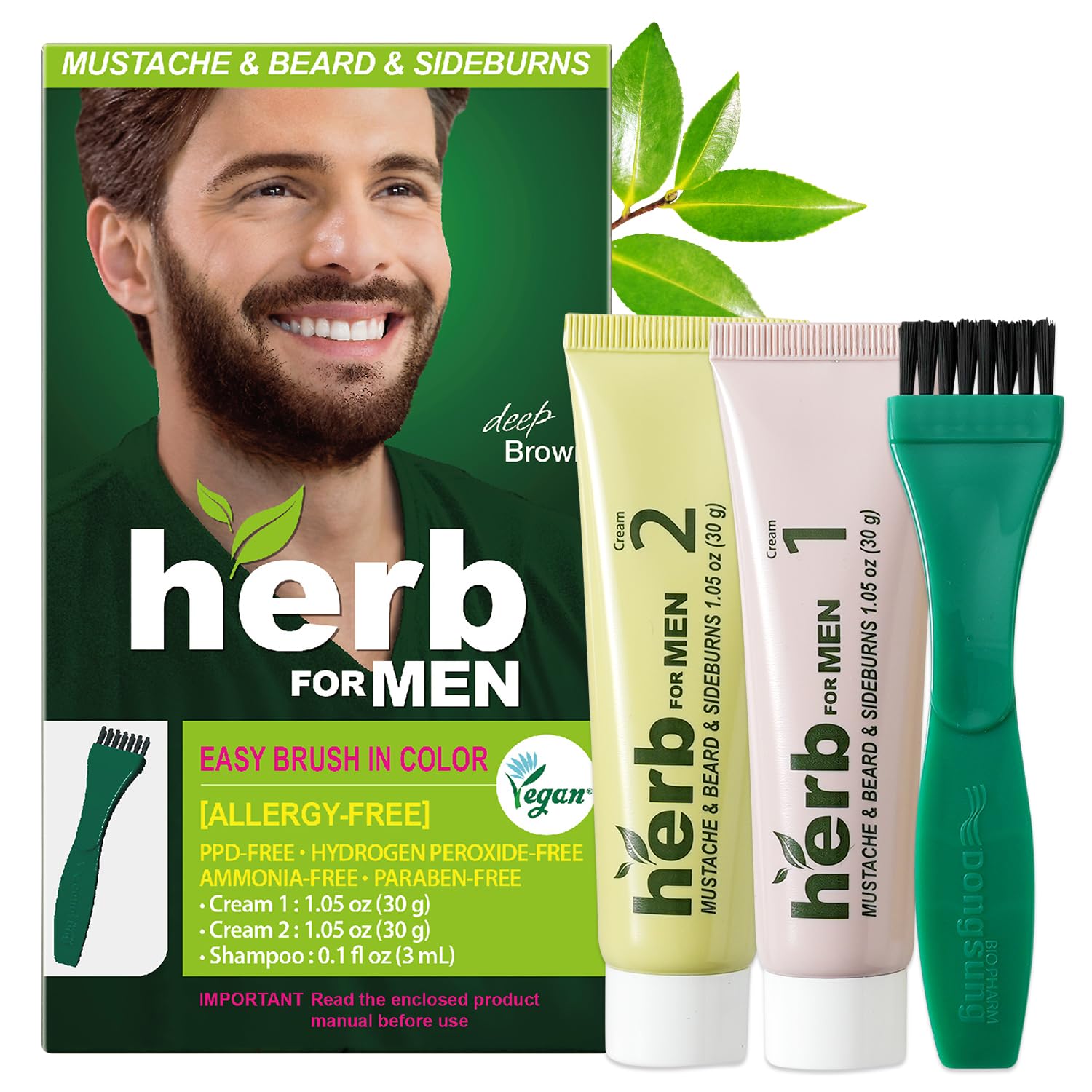 Herb For Men, PPD & Ammonia Free Mustache & Beard Dye, Vegan Natural Ingredients, Odorless, No More Skin Irritations from Coloring for Sensitive Skin – Deep Brown.