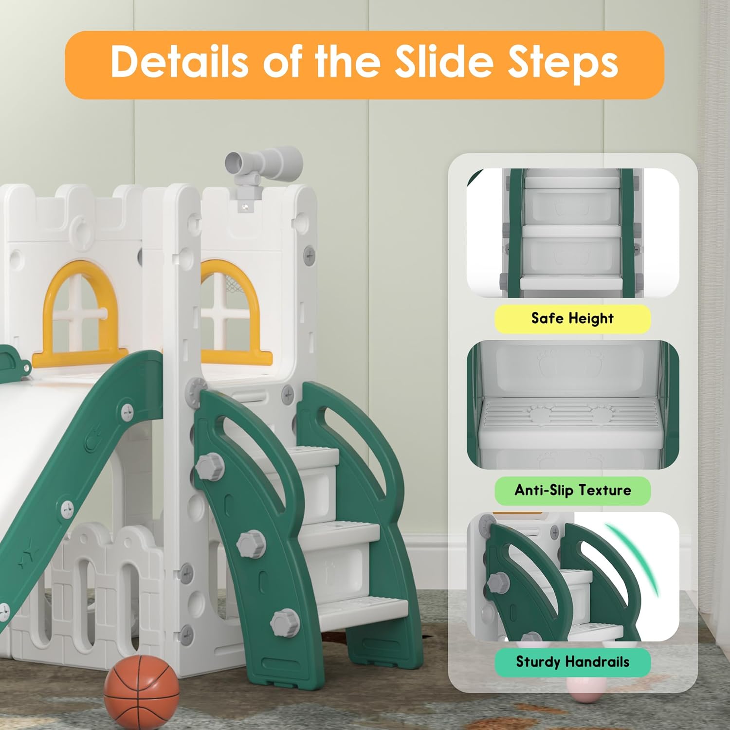 6 in 1 Toddler Slide,Kids Playset for Toddlers Indoor Outdoor, Baby Slide with Basketball Hoop, Telescope & Storage Space,Non-Slip Steps for Great Gift