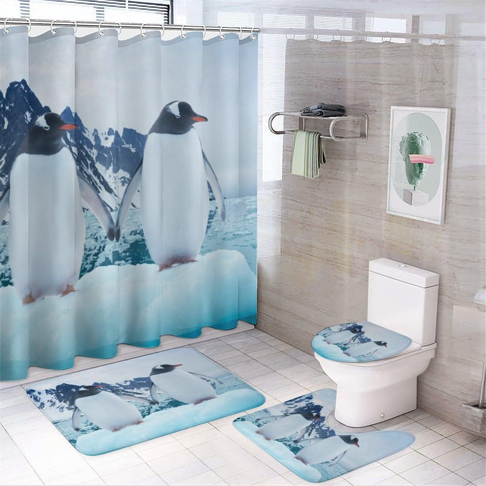 Coalho Funny Nautical Penguin 4 Pcs Waterproof Shower Curtain Set Cute Winter Ocean Animals Penguins With Waterproof Toilet Cover Shower Mat Rugs,183X183cm