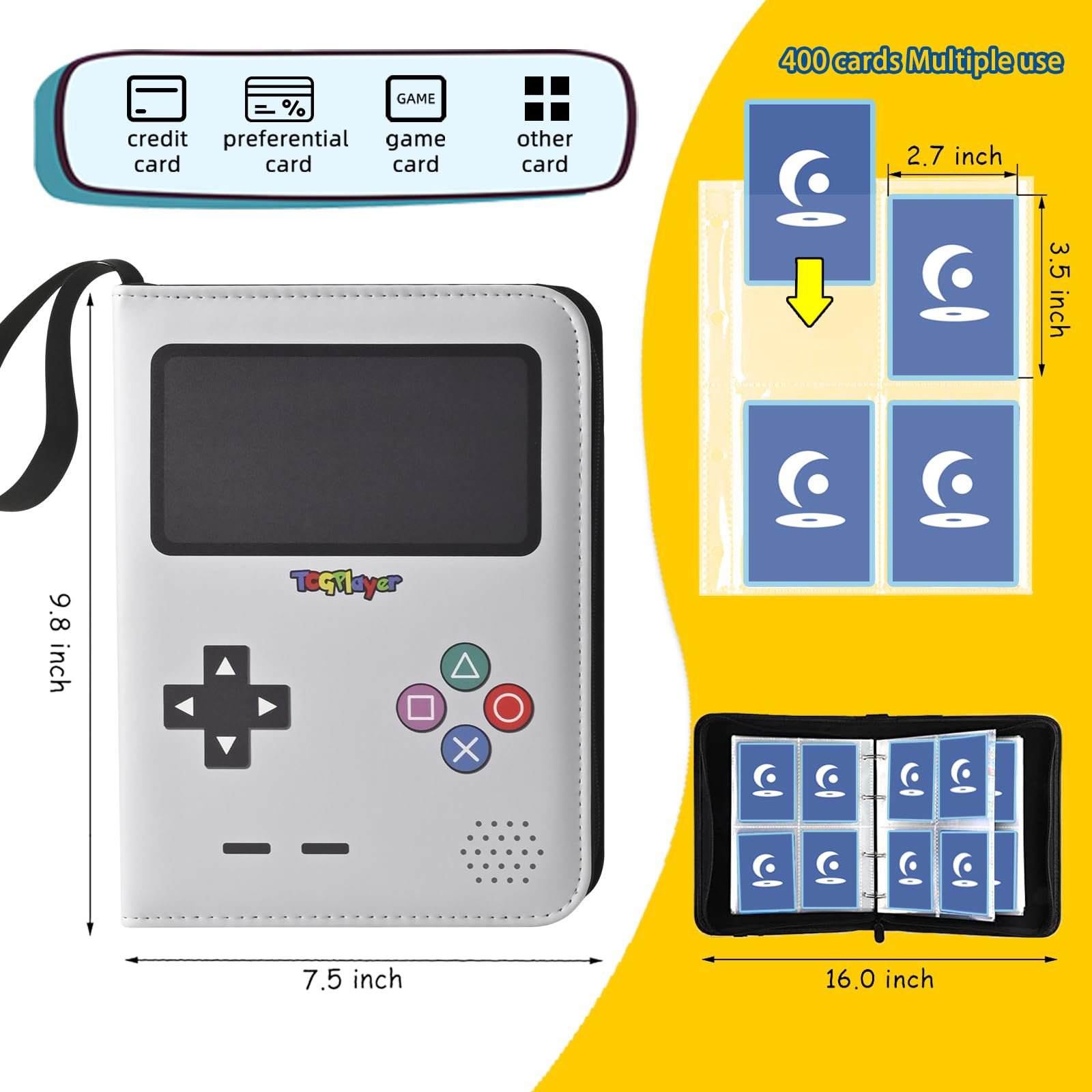 Carpeta de 4 bolsillos para tarjetas coleccionables con 50 fundas extraíbles, organizador de 400 tarjetas, álbum coleccionista con cremallera para tarjetas, cartera de almacenamiento