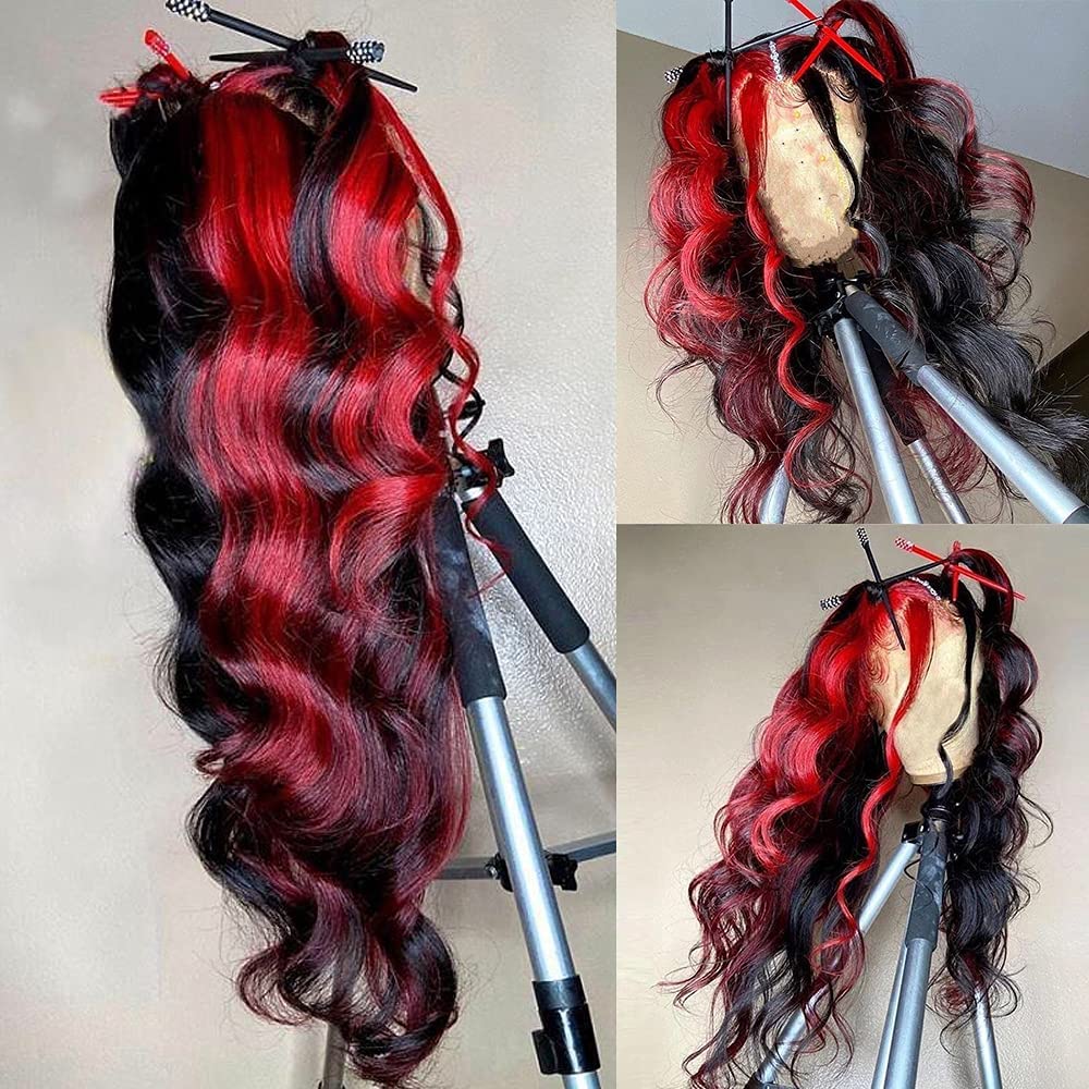 Red Highlight Body Wave Lace Front Wig 13x4 Transprent HD Lace Frontal Wig Brazilian Human Hair Wigs Pre Plucked Remy Wine Red Ombre Hair 180% Middle Deep Parting Virgin Hair Wigs for Women