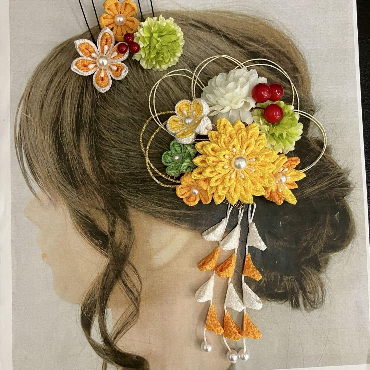 髪飾り つまみ細工 成人式 卒業式 七五三 振袖 着物 和装 黄色