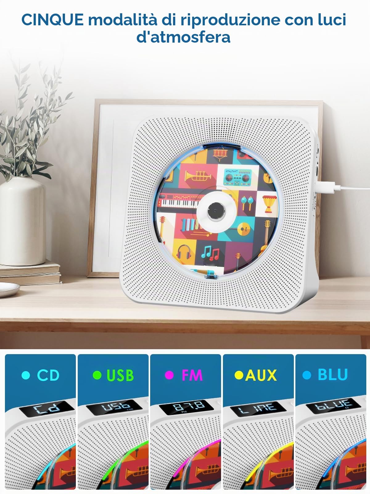 Gueray Lettore CD Bluetooth da tavolo con Altoparlante e Radio Bianco | Lettori CD audio con Copertura Antipolvere, Telecomando Riproduzione USB e AUX