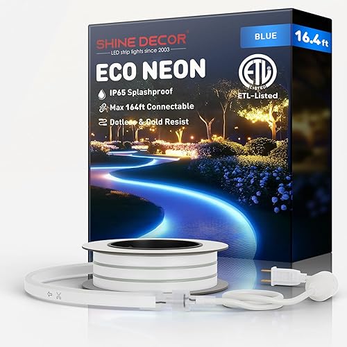 Shine Decor Tira de luces LED de neón conectables, 16.4 pies, flexible, CA, 110 V, 120 V, tira de luces LED de neón (color azul) al aire libre,