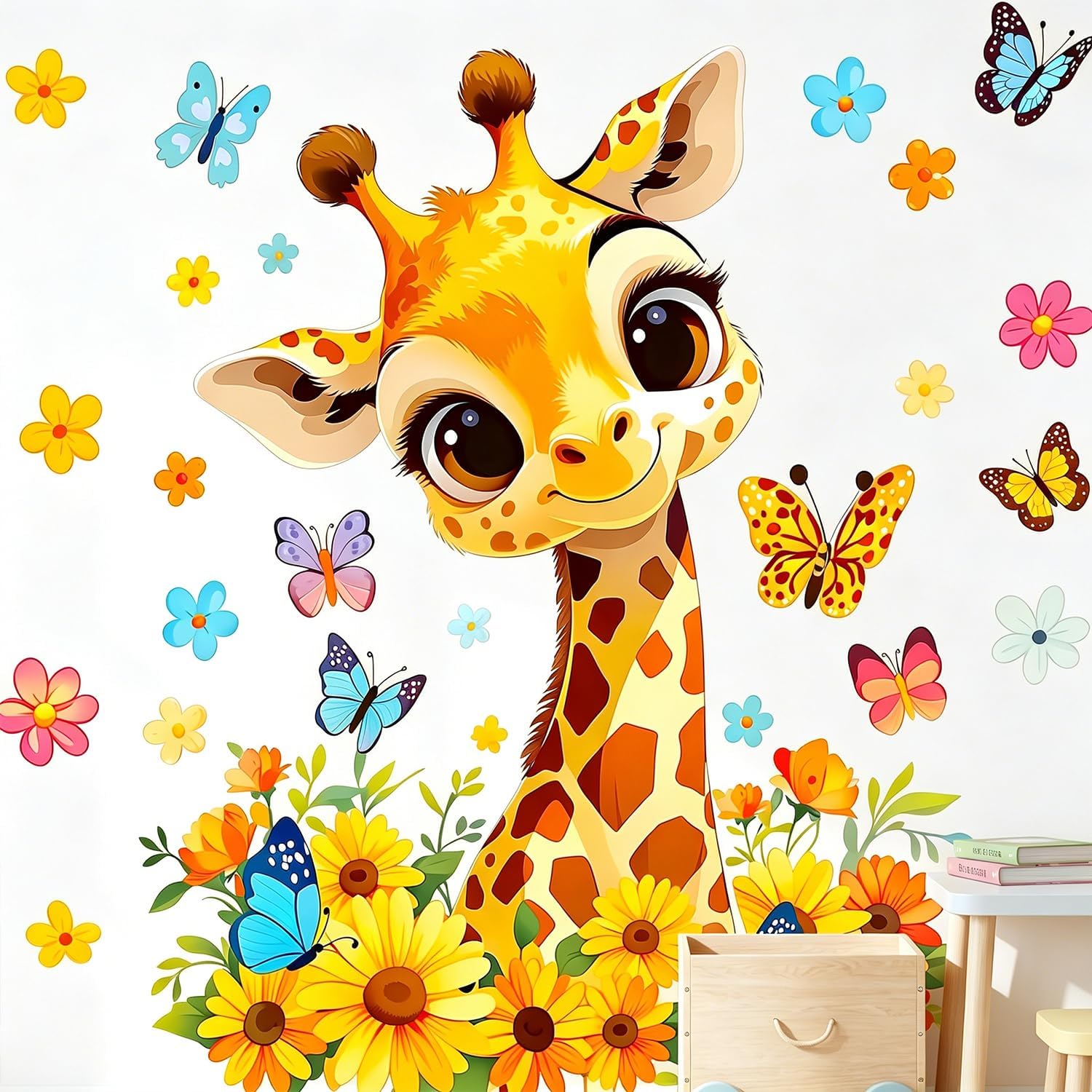 Cute Giraffe Flowers Wall Decals Peel and Stick, Butterflies Floral Wall Stickers, Safari Jungle Animal Removable Nursery Wall Stickers for Boys Girls Bedroom, Playroom, Daycare Decor