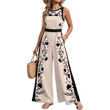 AGERWAY Women Jumpsuits Dressy Summer Round Neck Casual Sleeveless One Piece Outfit Floral Wide Leg Long Pant Romper Pockets