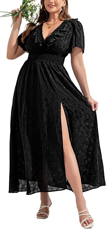 EYWOL Womens Floral Wedding Guest Dresses for Curvy Women, Boho Chiffon Long Dress Casual Flowy Swing Beach Dress