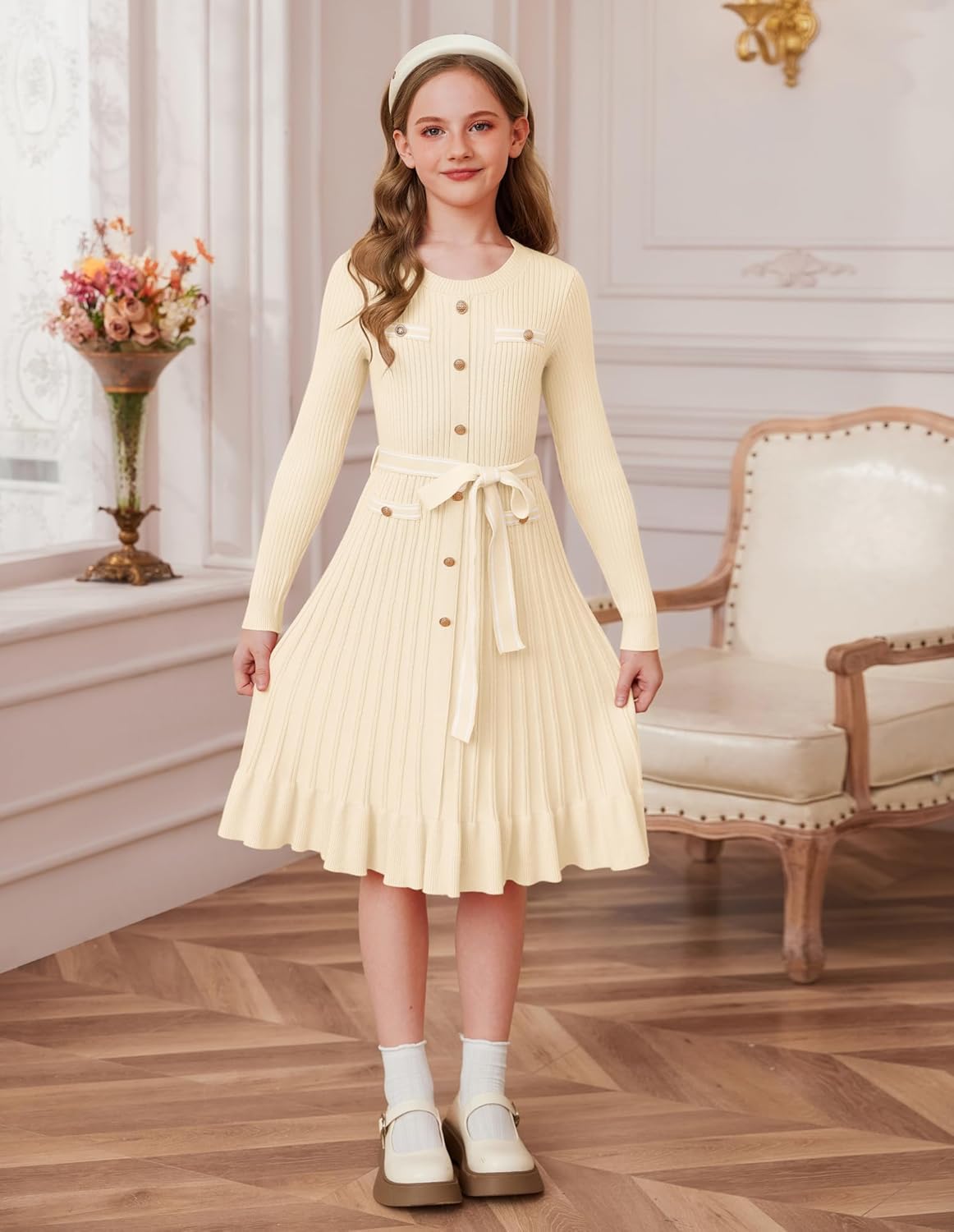 GRACE KARIN Girls Fall Sweater Dress Tween Long Sleeve Fashion Button Front Fancy Ruffle Winter Casual Dresses Size 6-14 - Image 4