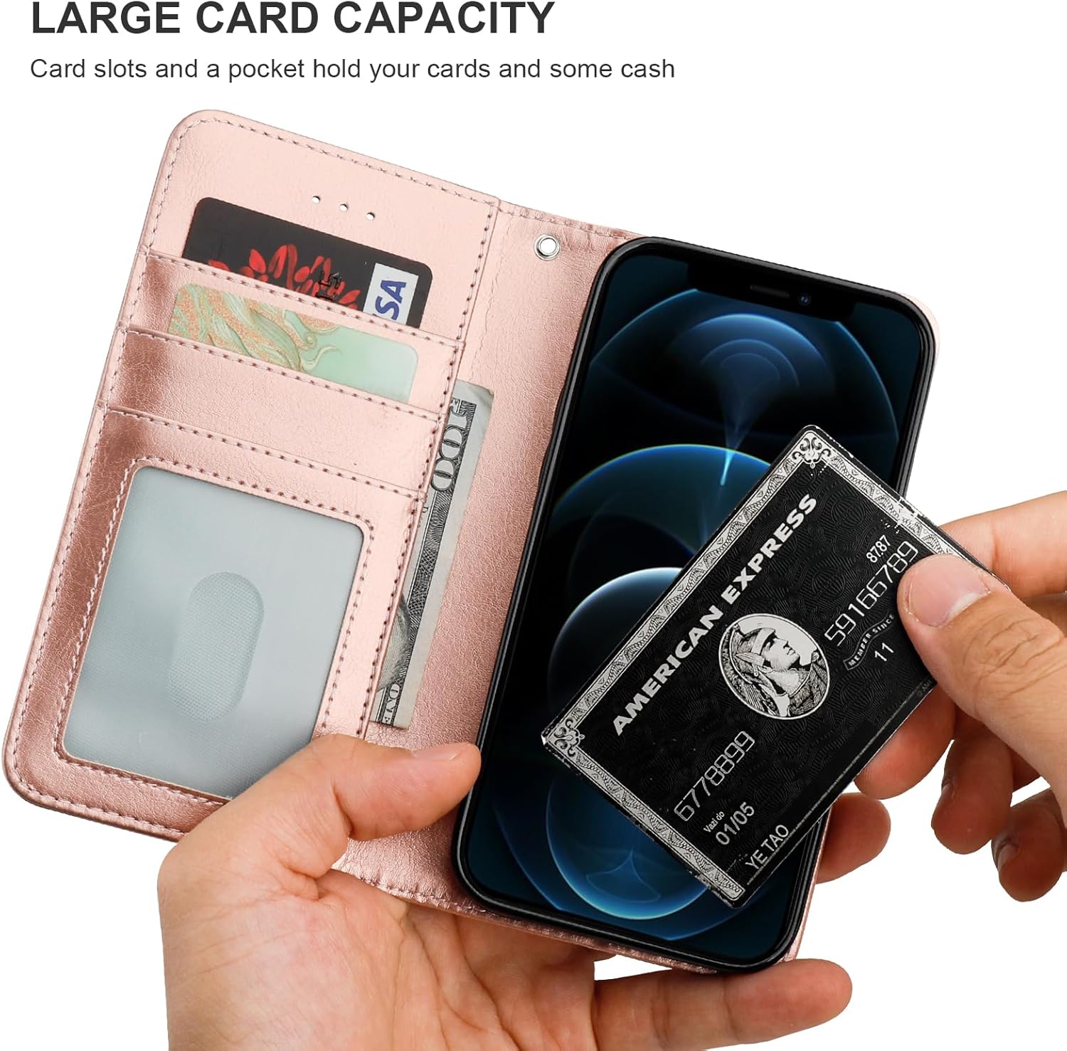 Bocasal for iPhone 12/12 Pro Wallet Case Compatible with MagSafe Wireless Charging, RFID Blocking Magnetic Leather Case with Card Slots Holder Kickstand Detachable Wrist Strap 6.1 Inch (Rose Gold)
