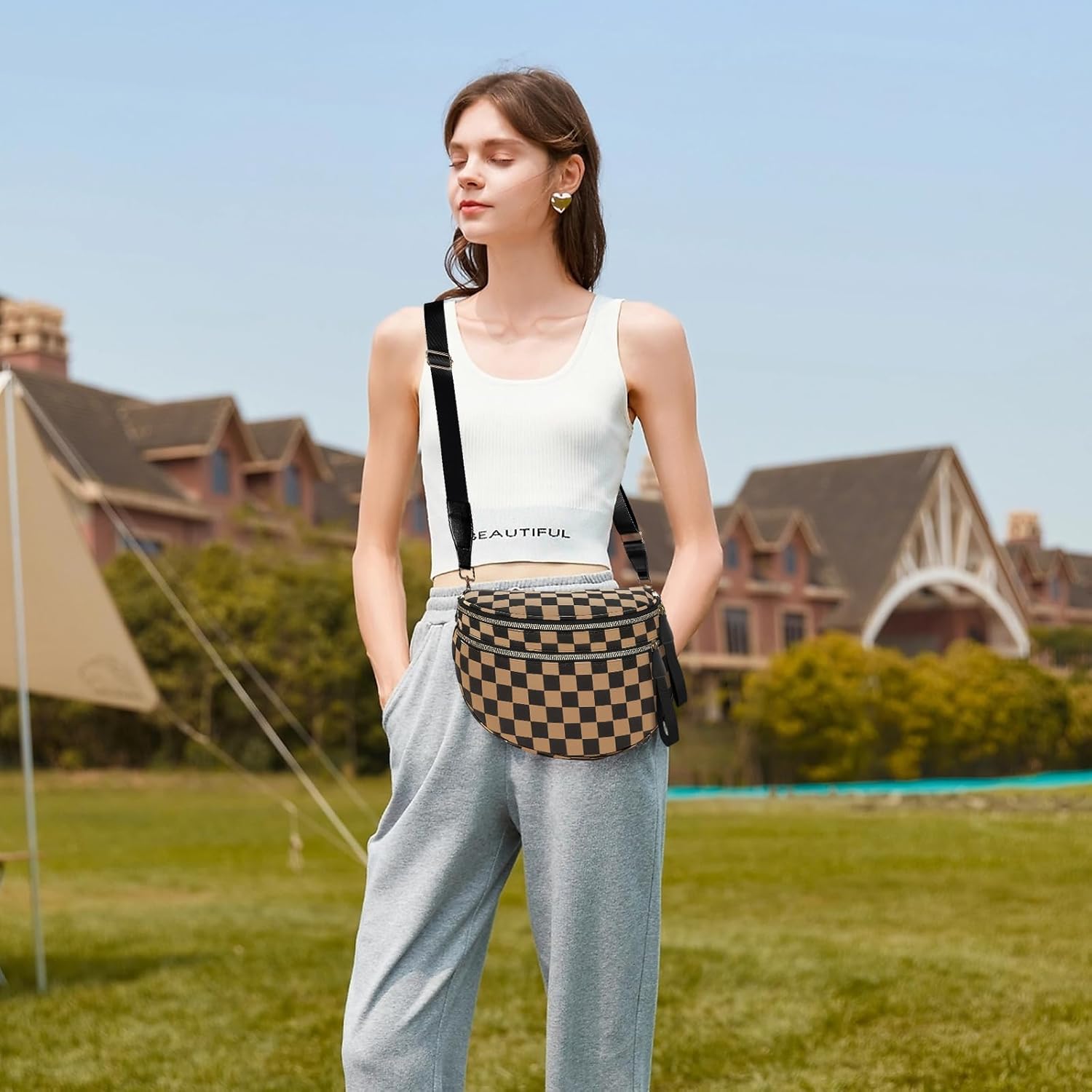 Crossbody Bags for Women, Checkered Bum Bag Crossbody, Spacious Nylon Shoulder Handbag Mom Bag (khaki checkered) - Image 6