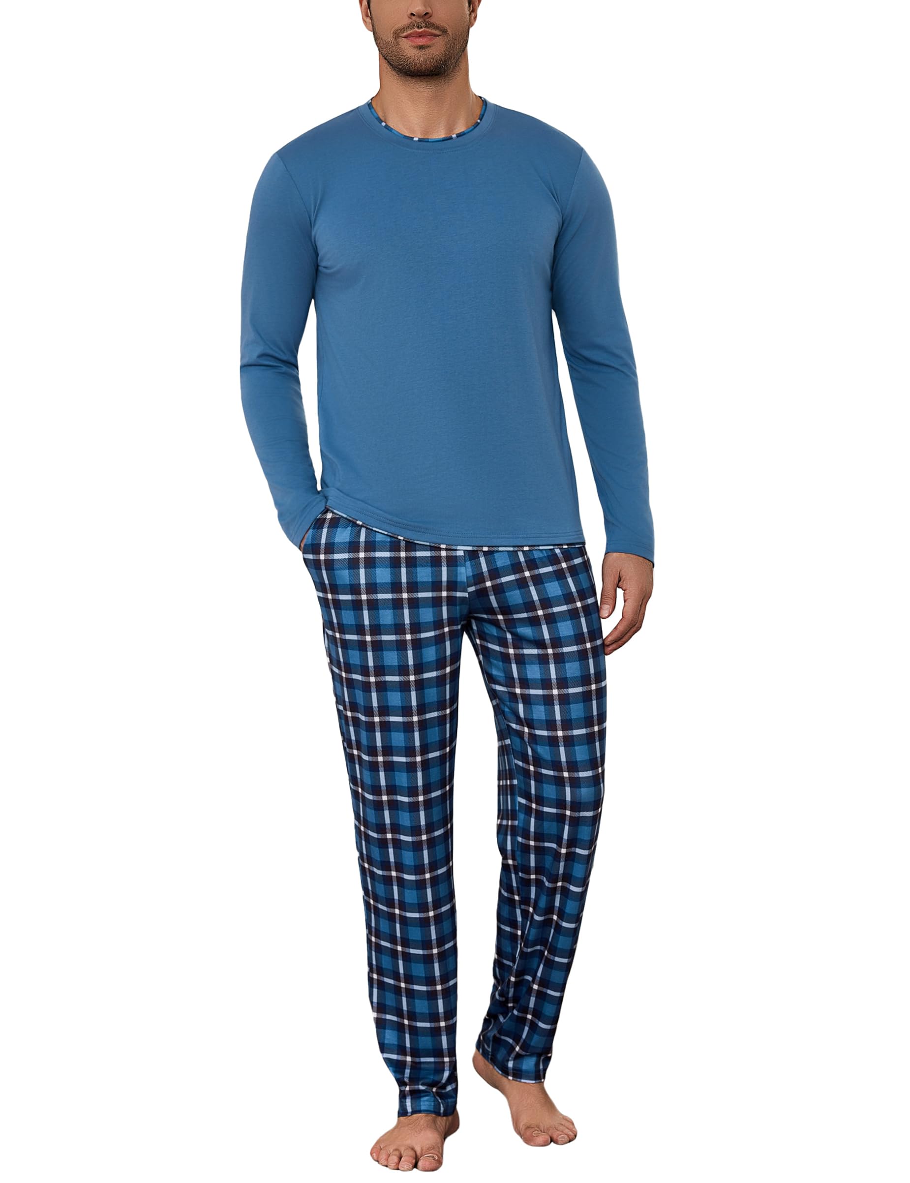 Litherday Pigiama Uomo Invernale Cotone Lungo Pajamas Due Pezzi Maniche Lunghe Pantaloni Lunghi Pigiami Morbido Loungewear con Tasche