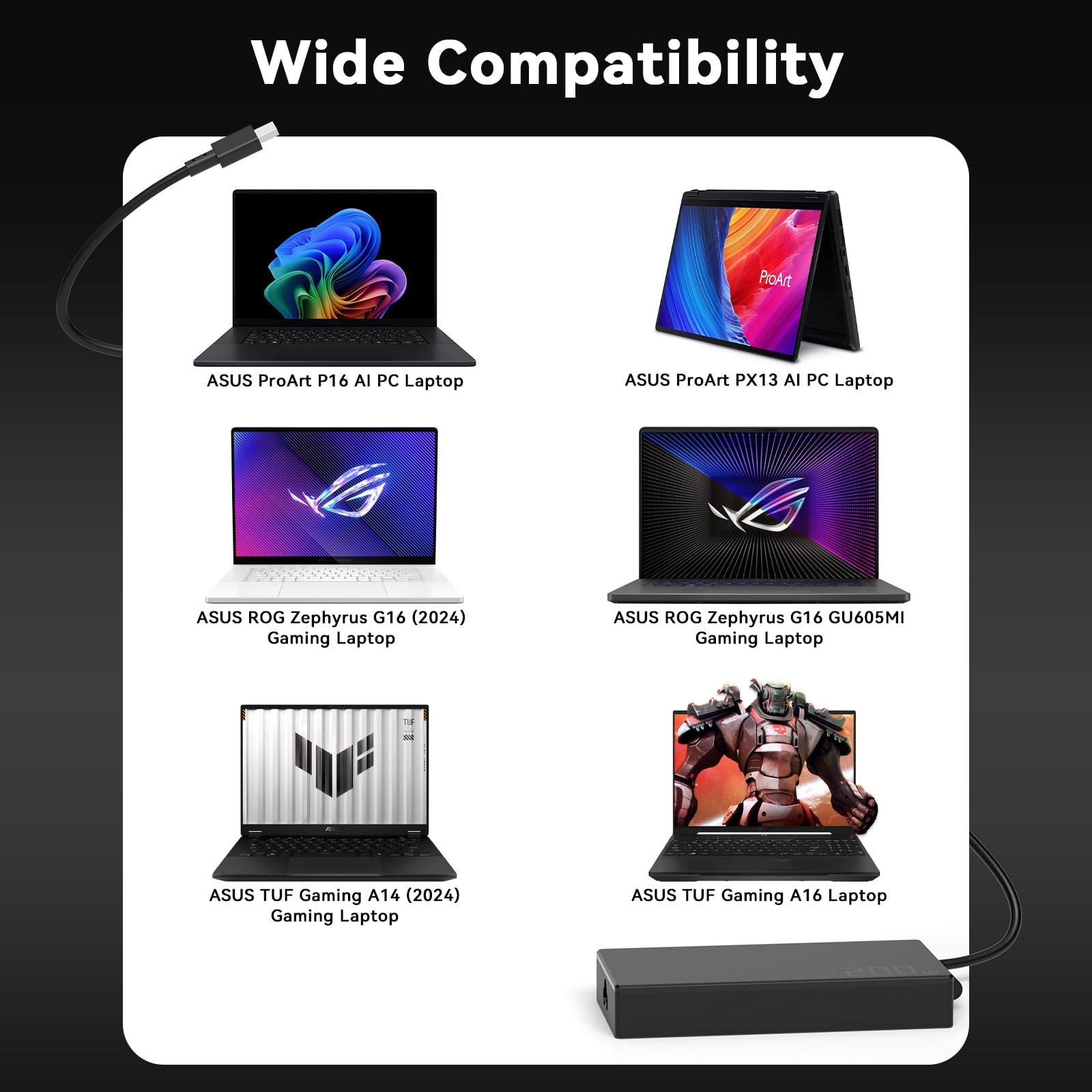 200W Ładowarka do laptopa kompatybilna z Asus Rog Zephyrus G16 GA605 GU605MY GU605MI GU605MV ProArt P16 PX13 H7606WI H7606WV HN7306HN Gaming Laptop ADP-200JB K