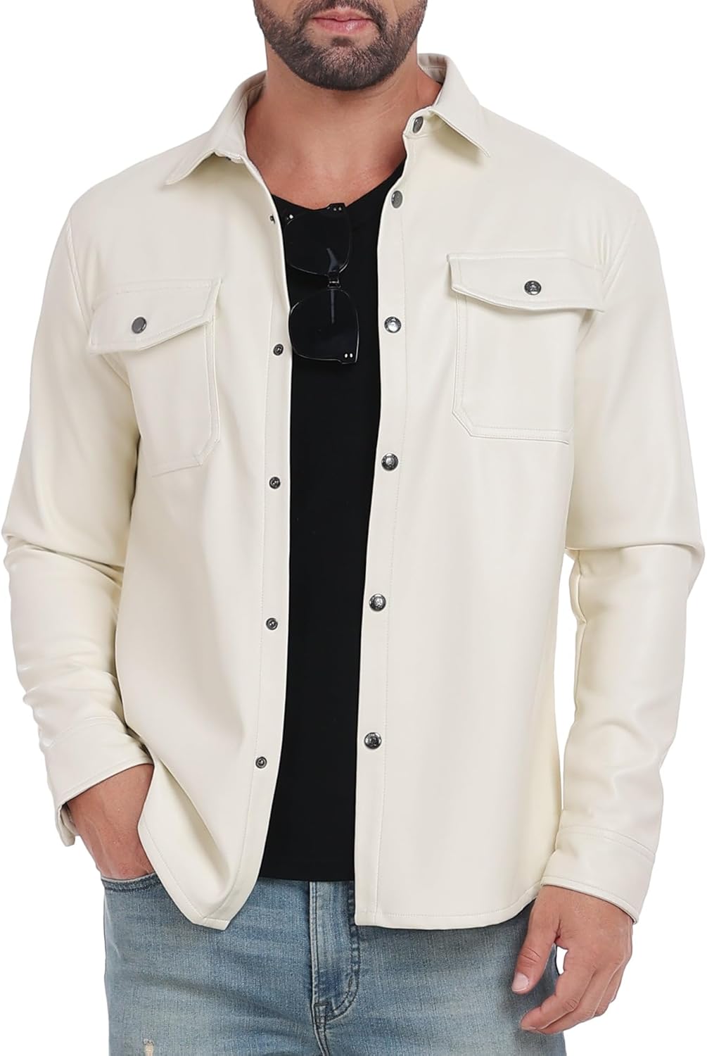 Little Donkey Andy Men's Faux Leather Jacket, Slim Fit Stretch Classic Windbreak Jacket Lapel Collar Button Down Microfleece