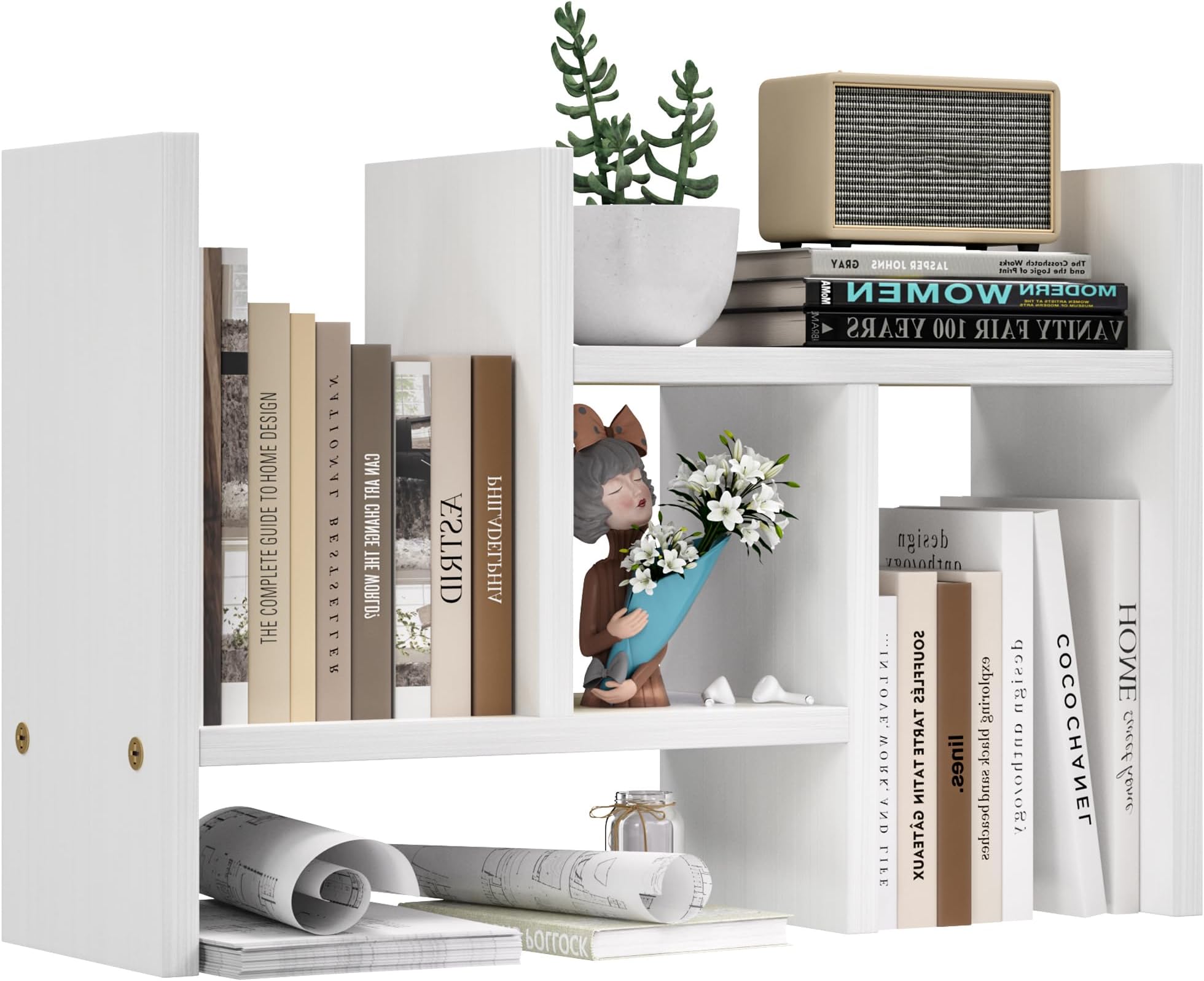 Desk Top Shelf, Storage Rack, Various Assembly, Tabletop, Telescopic Type, 3 Combinations, Wooden, Neatly Organized, Book Stand, Bookcase (White)