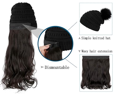 Miniatura 4 de Qlenkay Gorro con extensiones de cabello largo ondulado y rizado, gorra negra de punto, peluca sintética de 20 pulgadas, postizo desmontable, pompón