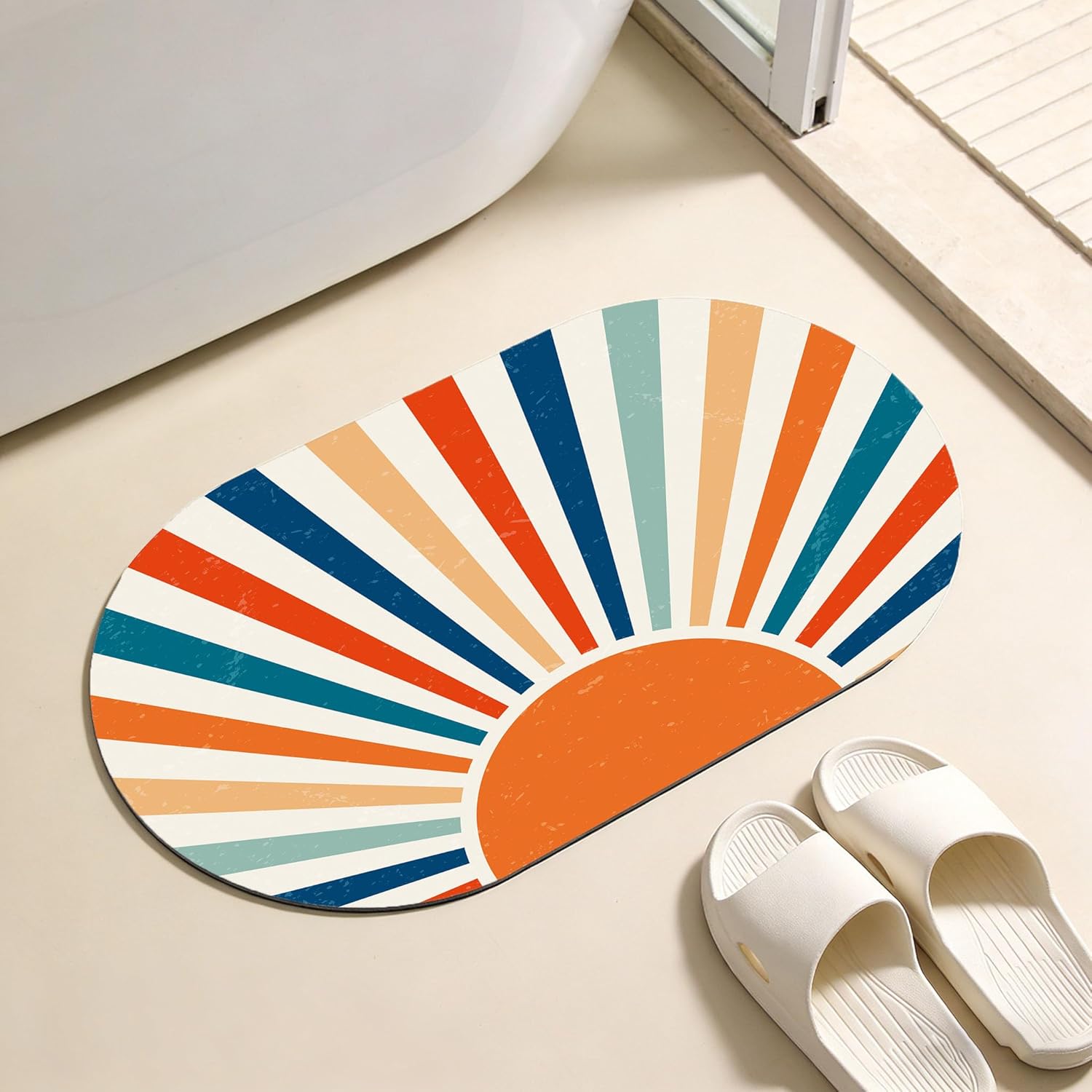Oval Bath Mat Vintage Colorful Sunburst Diatomaceous Mud Mats with Rubber Backing Ultra Soft Washable 23.6"×15.7" Quick Dry Thin Bath Rugs for Bathroom Floor Bathtub Vanity Easy Care