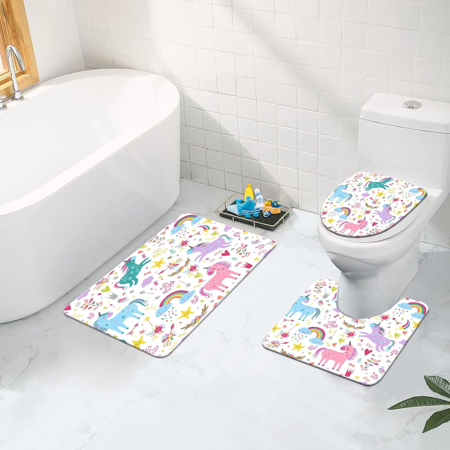 Unicorn Bathroom Set Colorful Pink 4 Pcs Shower Curtain Sets with Non-Slip Rugs Toilet Lid Cover and Bath Mat Set, Girls Ttoddler Bathroom Decor with 12 Hooks