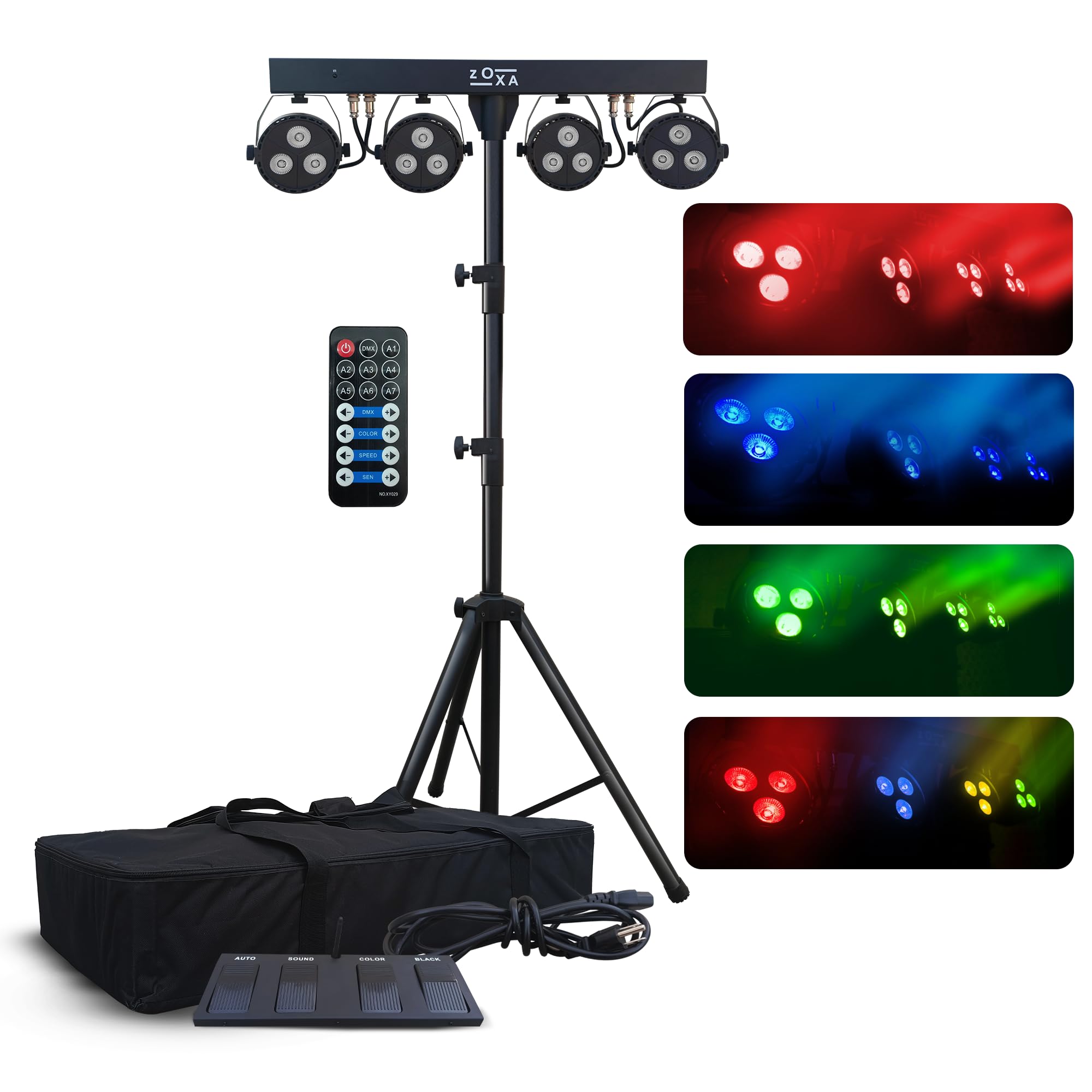 Zoxa DJ Stage Lights with Stand – LED Par Light with 4 Bar Gigbar, DMX LED, Sound-Activated Strobe – DJ Party Lights & DJ Lighting Packages for Parties, Events & Clubs – T-Bar Light Stand