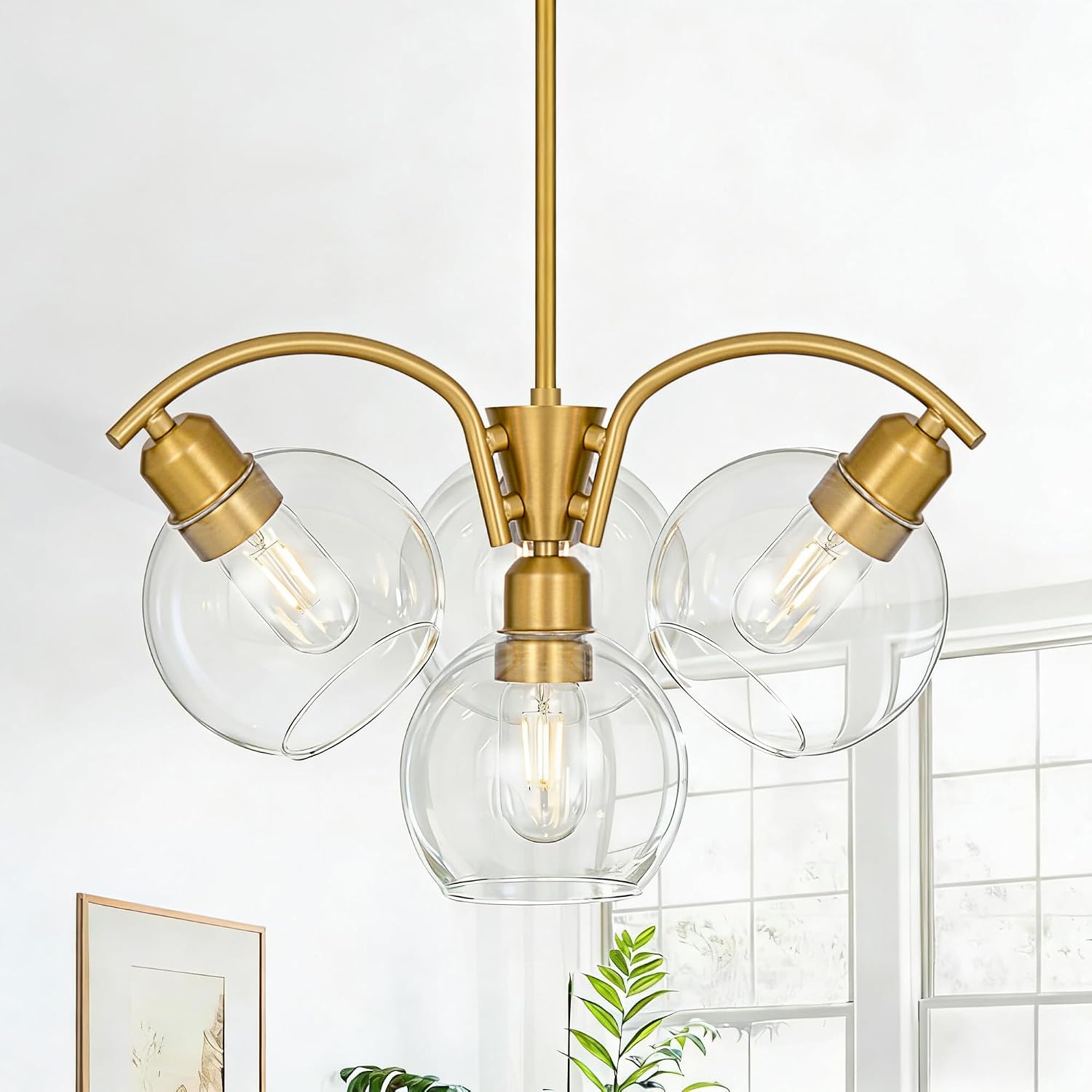 19.25 Inch Brushed Gold Modern Chandelier, 4-Lights Globe Chandeliers for Dining Room Lighting Fixtures, Mid Century Glass Pendant Light Kitchen Island Bedroom Living Room Entryway Hallway